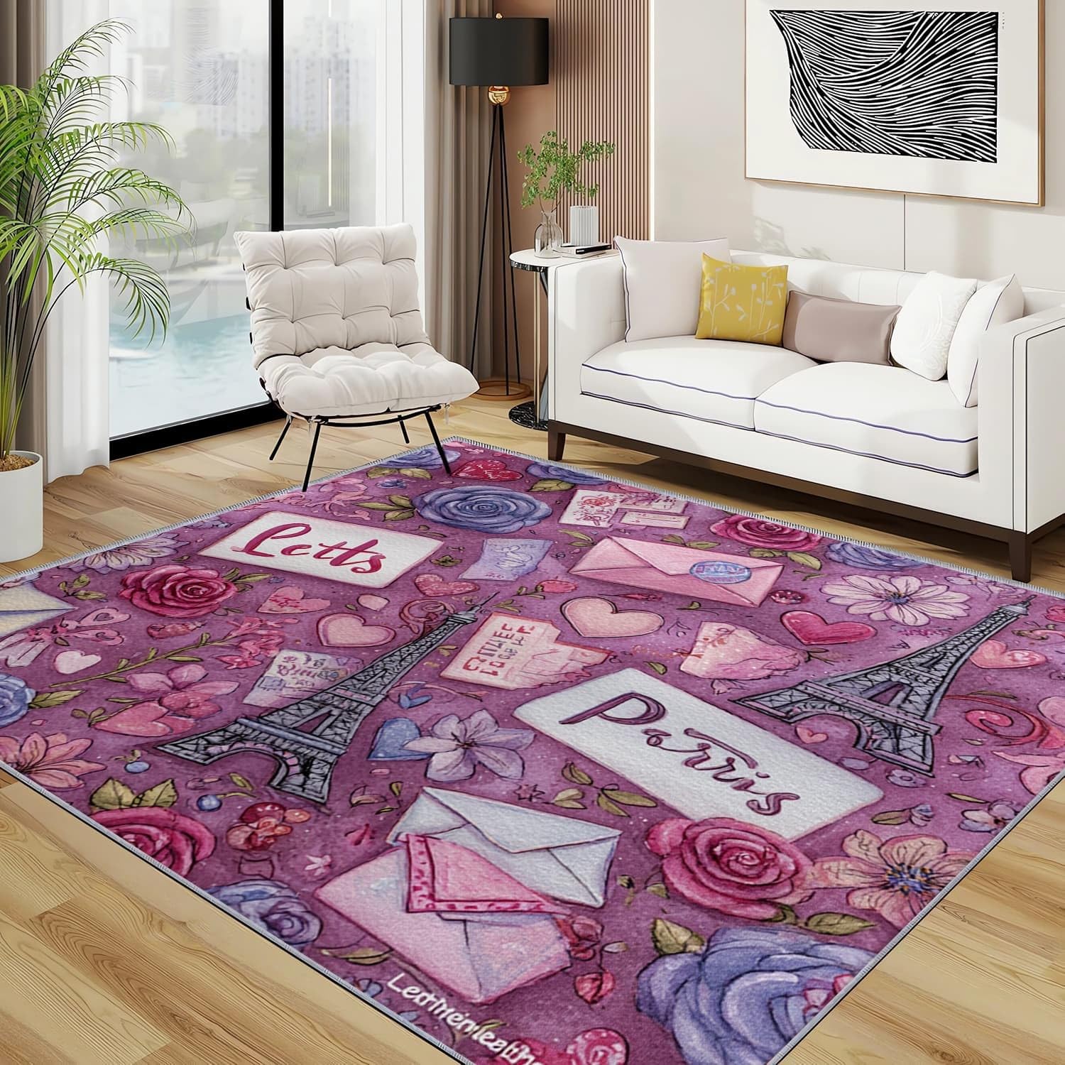 Nowoczesny miękki dywan do salonu 160 x 230 cm paryski romantyczny motyw antypoślizgowy spód, nadaje się do prania do 30 stopni, wejście wewnętrzne, fioletowe dywaniki do dużych rozmiarów