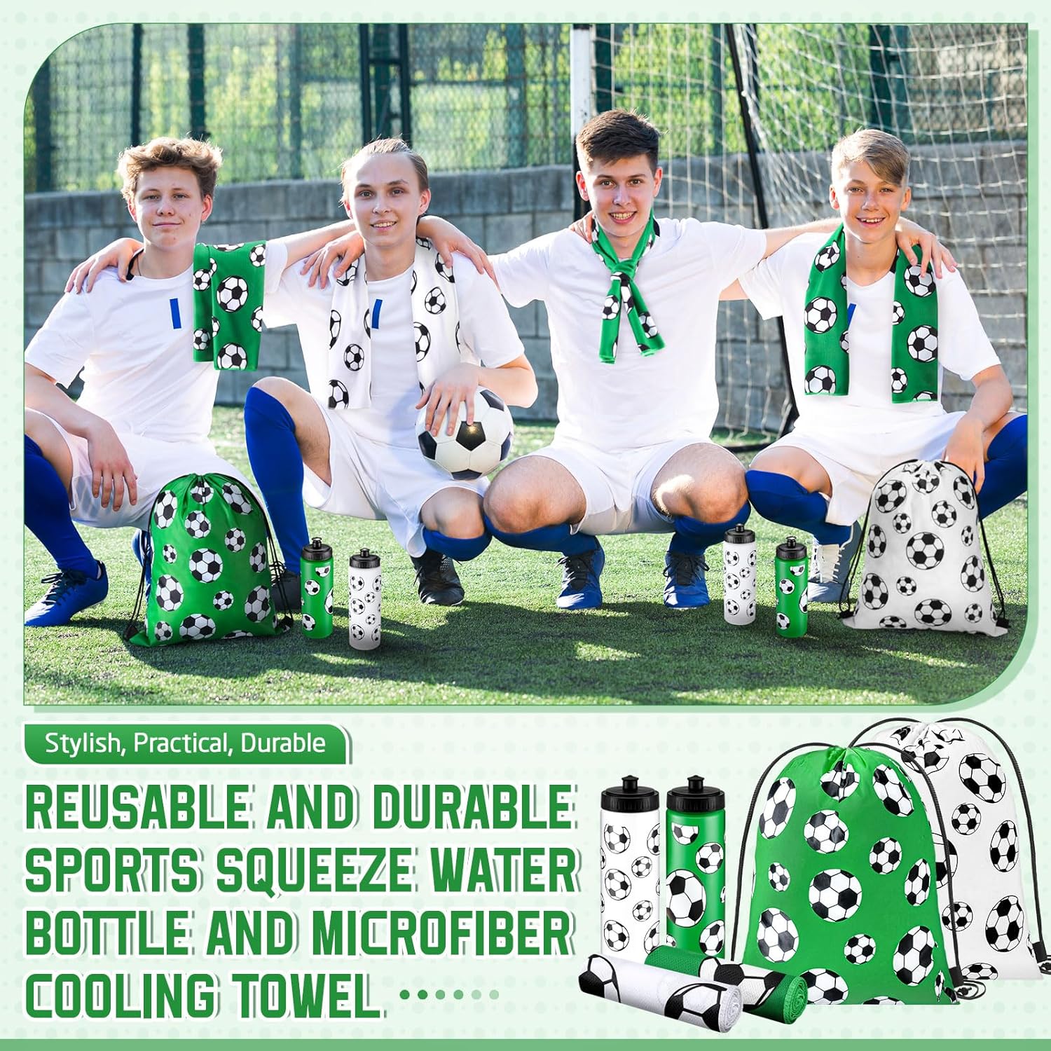36 Pcs Soccer Water Bottle Drawstring Bag Cooling Towel Set Include 12 Squeeze Water Bottle 12 Drawstring Backpack 12 Cooling Towels for Team Gifts Sport Events Party Favors