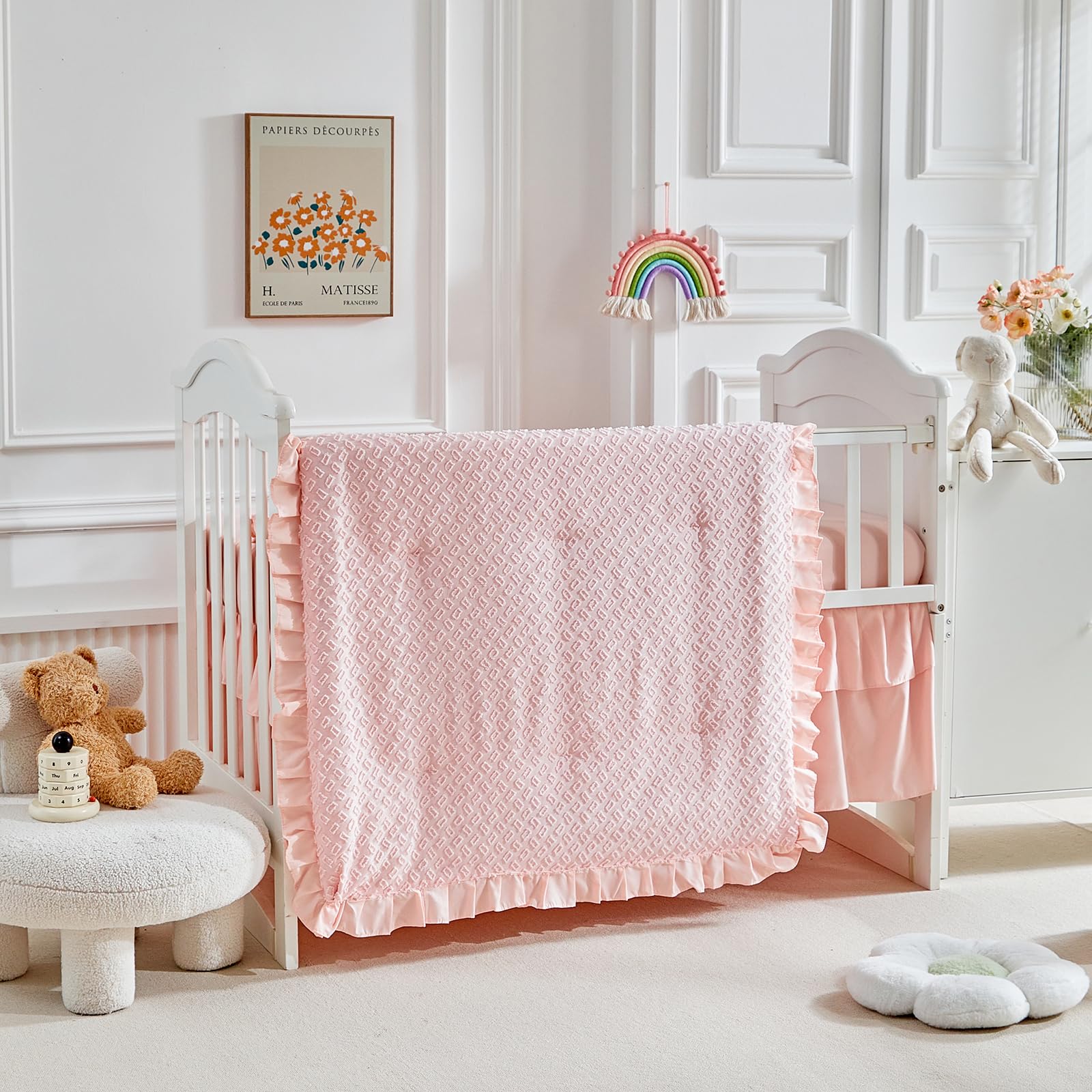 Juego de ropa de cama de 3 piezas para cuna con flecos de volantes, edredón rosa con volantes con sábana bajera y falda de cama, suave y bordado, diseño jacquard bohemio Shabby Chic para bebés y niños