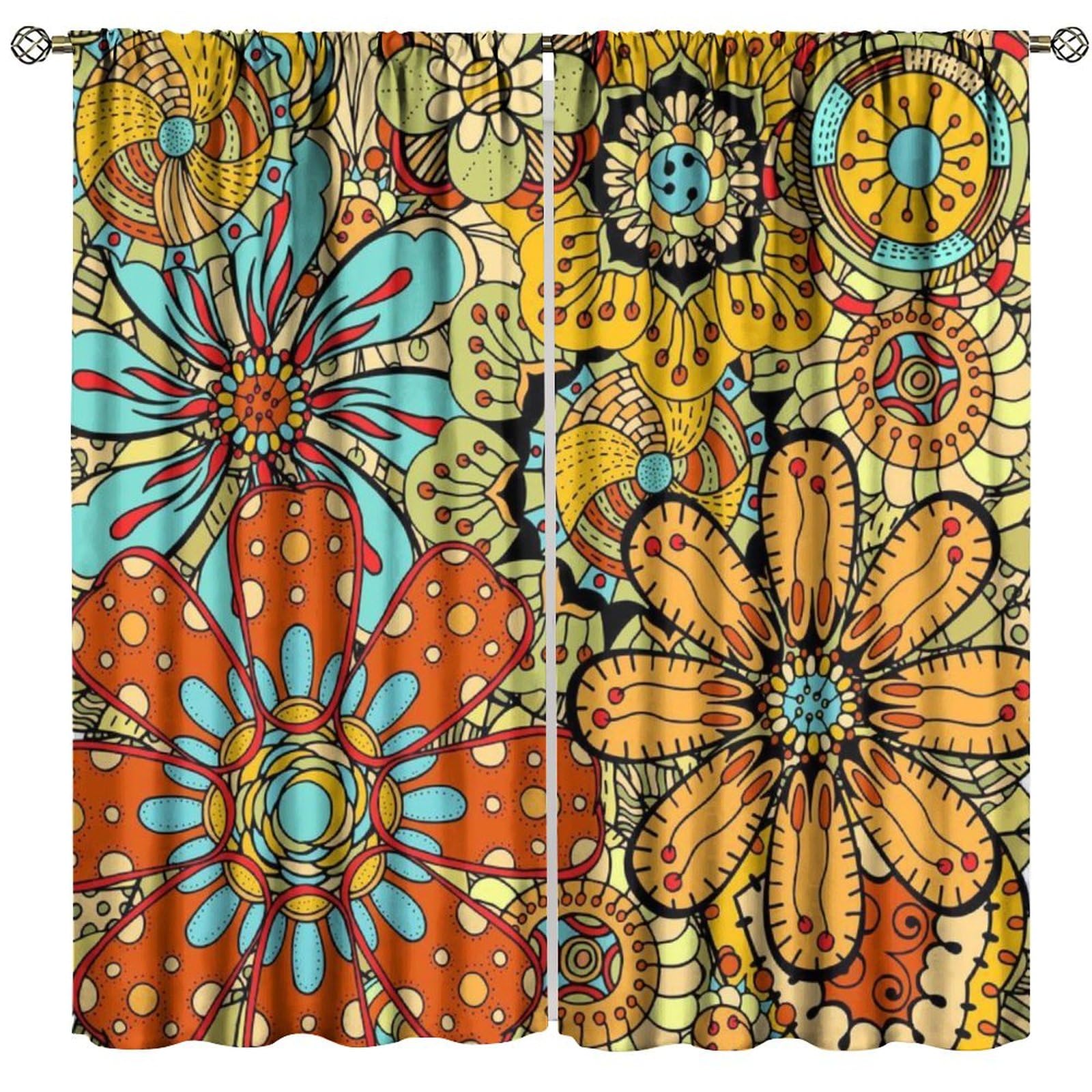 Boho Floral Curtains, Multicolor Mandala Bohemian Abstract Floral Pattern for Room Decor, Rod Pocket Blackout Window Drapes for Bedroom Living Room
