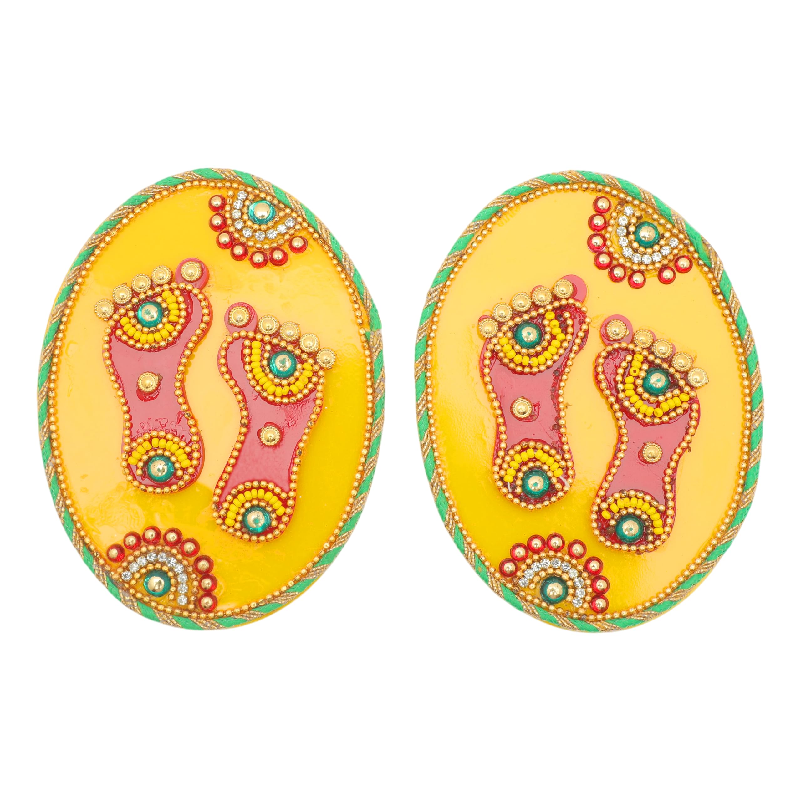 Set of 2 Laxmi Charan Paduka Feet Pagala Shubh Labh Sticker Rangoli Decor for Wall Door floor House Office Temple Indian Traditional New year Decorations(Length :- 4" Each)(Red Yellow Laxmi Charan)