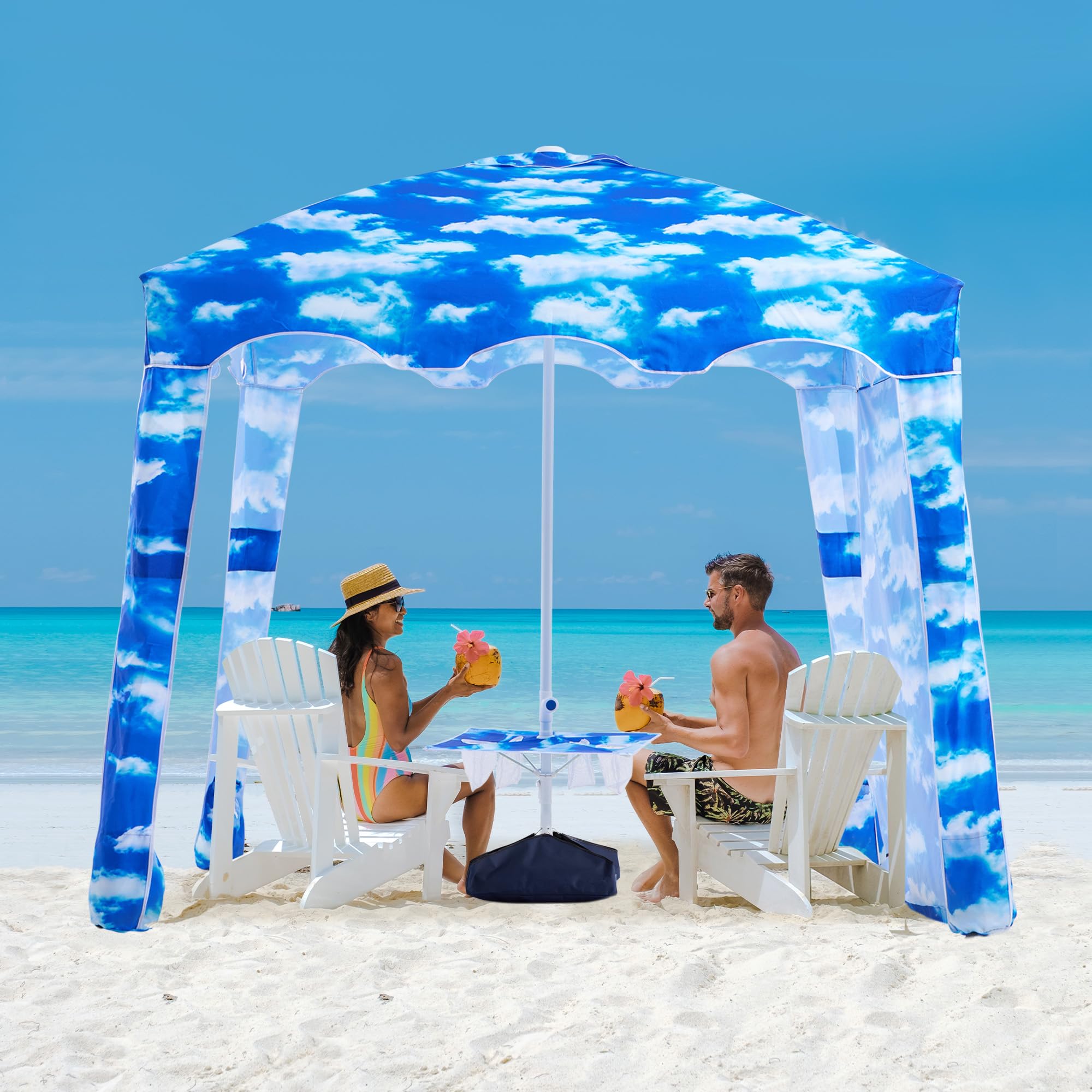 JEAREY 6.5x6.5ft Beach Cabana with Detachable Sand Anchor & Side Wall, Portable UV 50+ Protection Beach Cabanas for Sand, Easy to Set Up Beach Cabana Umbrella with Table, Beach Cabana Canopy