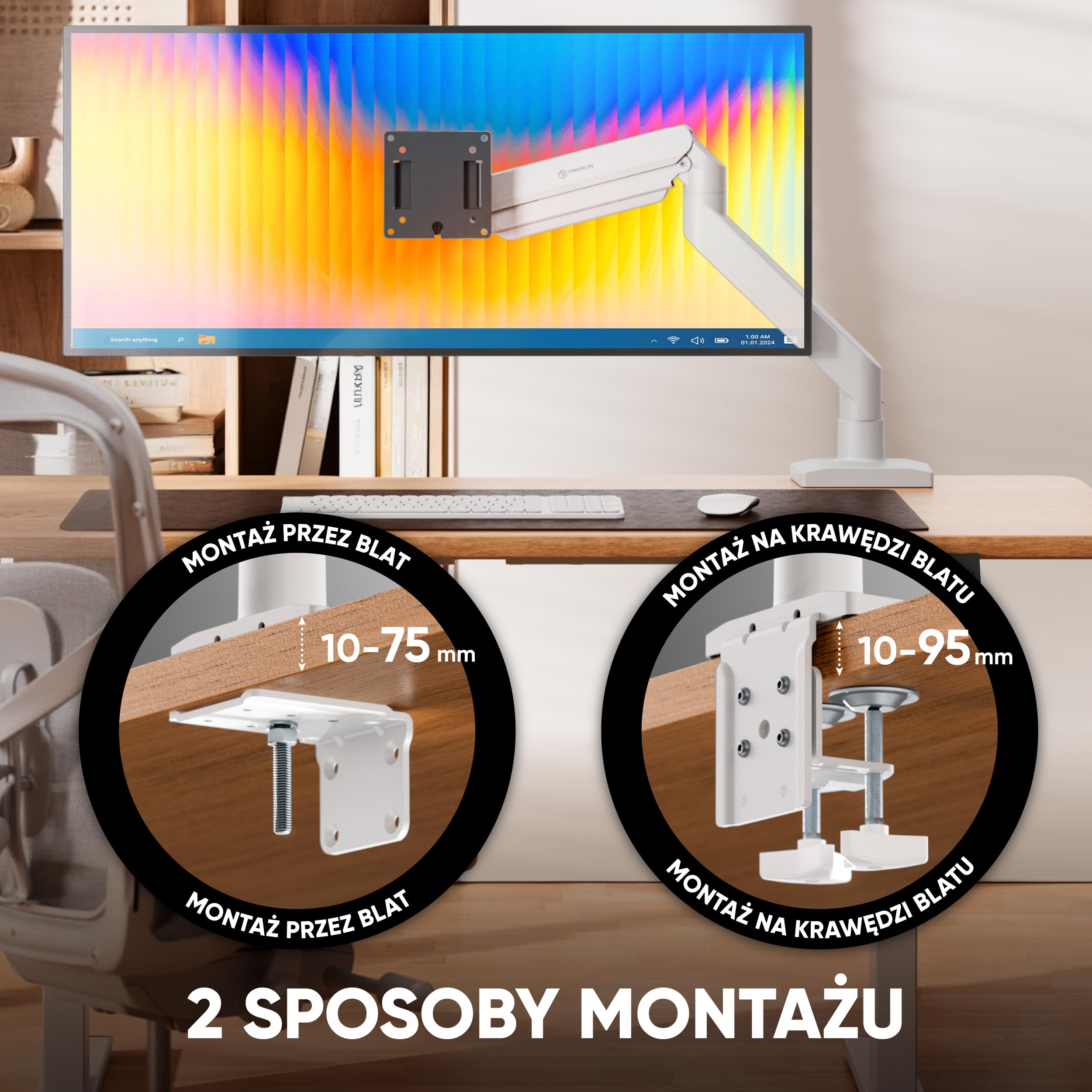 ONKRON Uchwyt do monitora 15-42 cali 15 kg VESA 75x75-100x100 z USB sprężyna gazowa G110-BG