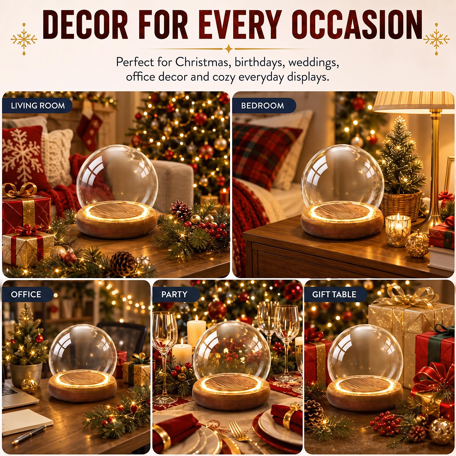 Funtery 8 pezzi di vetro a cupola di Natale trasparente fai da te con base in legno chiaro, kit decorativo per terrario per piante, terrario, decorazione per donne, regalo da tavolo (9,94 cm)