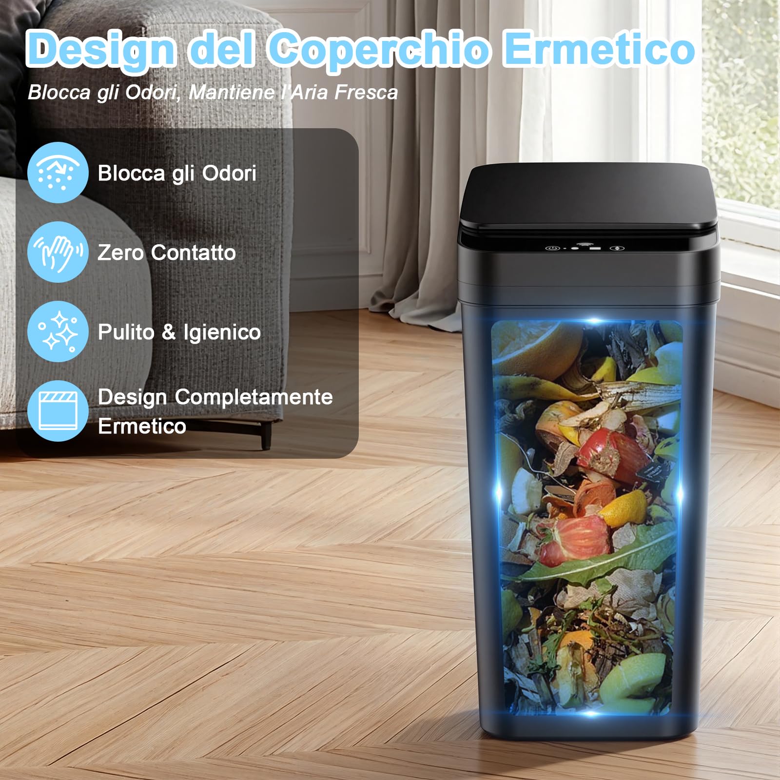 Pattumiera Bagno, 12 L Pattumiera Cucina con Coperchio, Pattumiera con Sensore Stretto, Ricaricabile, Pattumiera Automatica Silenziosa E Impermeabile, Impermeabile, per Bagno,Cucina,1200mah