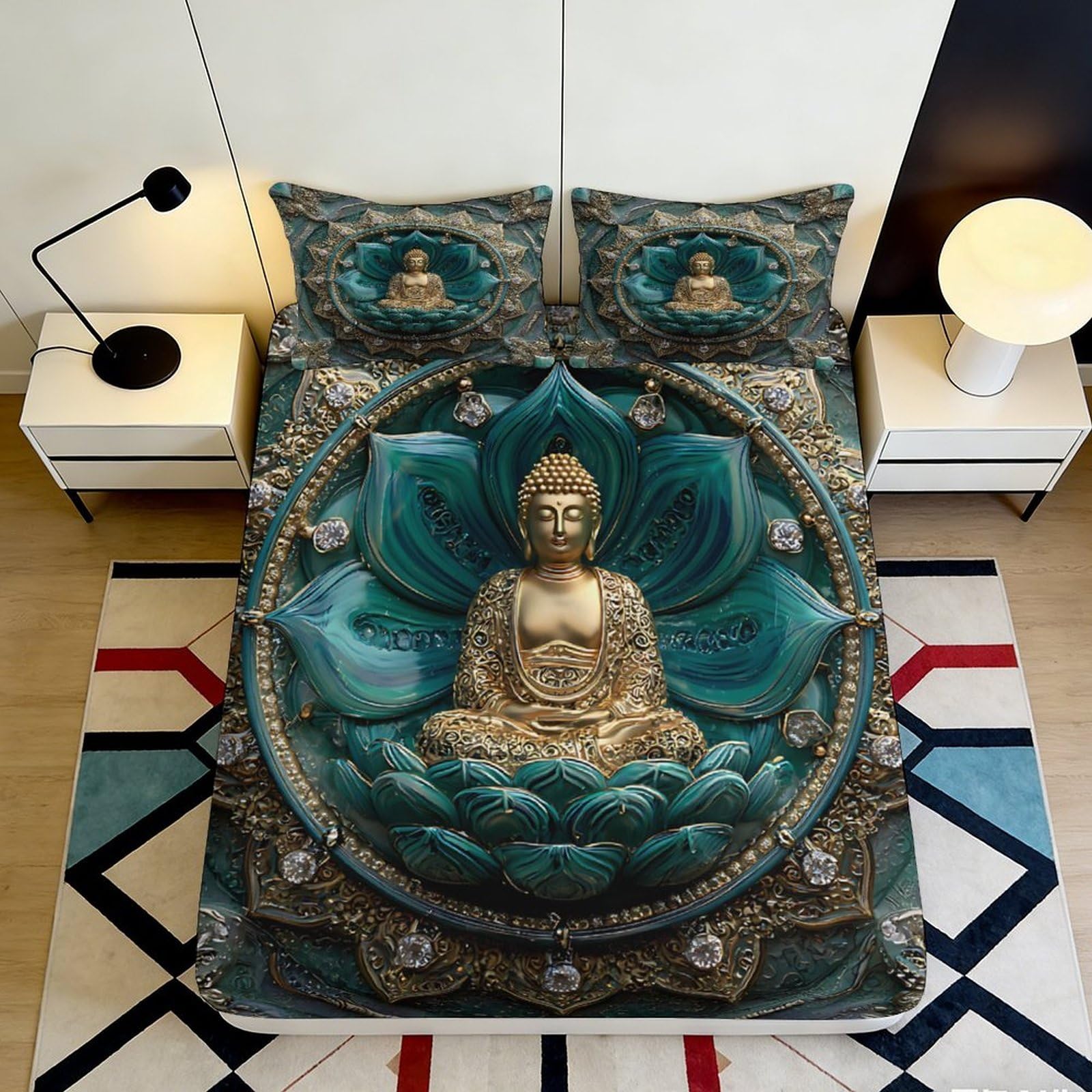 3D Printed Lotus Buddha Fitted Sheet Microfiber Soft Breathable Mandala Bed Cover for Bedroom Dormitory Guest Room Mattress Protection Decor 90x200x25cm