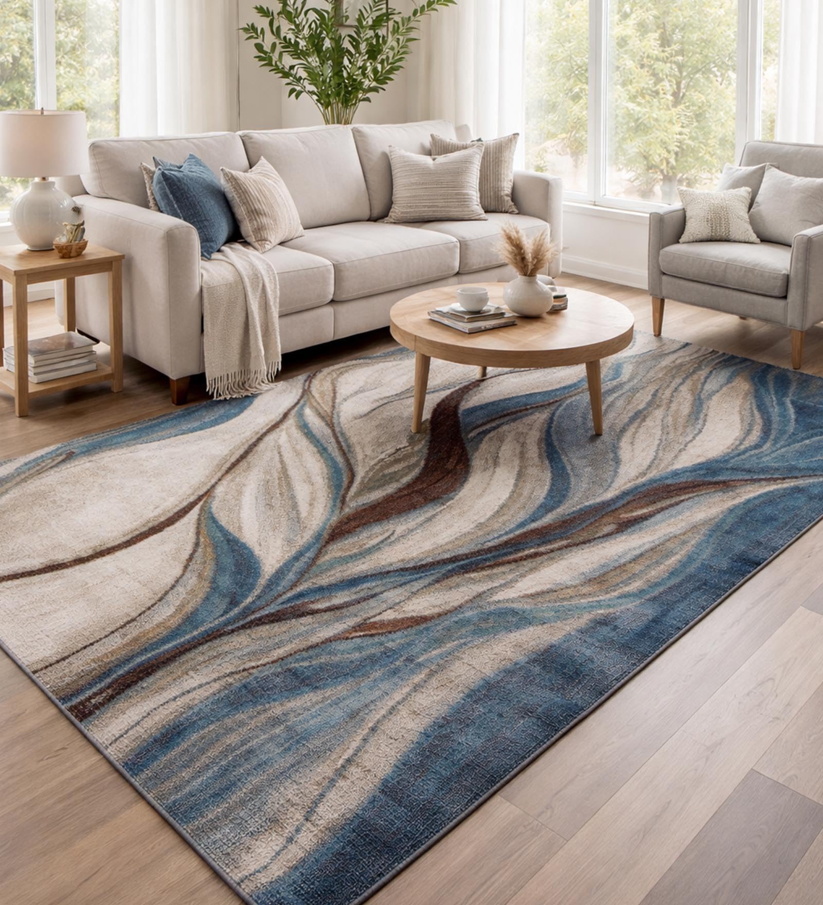 Obsessions Abstract Pattern Carpet for Bedroom,Living Room, Durable Polypropylene Rug with Strong Jute Backing, Soft & Easy Care Floor Rug, 160x230 cm,Blue Cream-picture-12