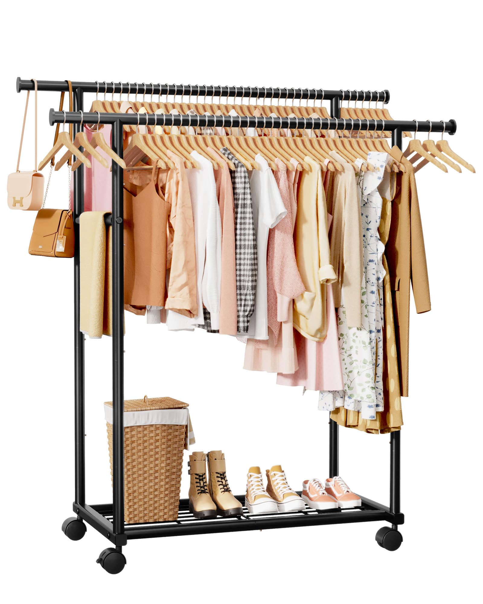 Photo 1 of ** RACK COLOR IS GOLD **Sakugi Metal Clothes Rack - Double Rod Clothing Rack with Fixed Design and Rolling Wheels, Coat Rack with Built-In Shelf for Closet Organizers and Storage (38.5" x 16.9" x 59.0", Gold)