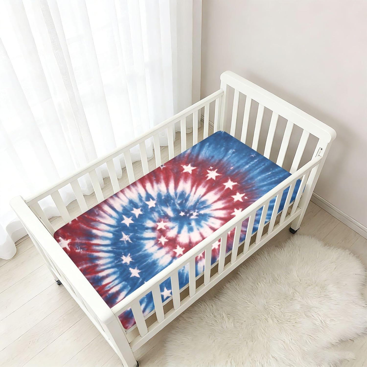 July 4th Stars Tie Dye Crib Sheets Soft Breathable Fitted Cotton Baby Crib Sheets Mattress Cover for Girl Boy, 52" x 28" x 9"
