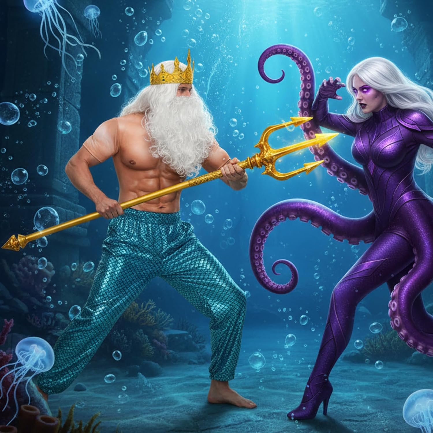 Cutecrop 4 Pcs Halloween Poseidon Costume Neptune Merman Trick or Treat Kit Sea Cosplay for Grandpa Men