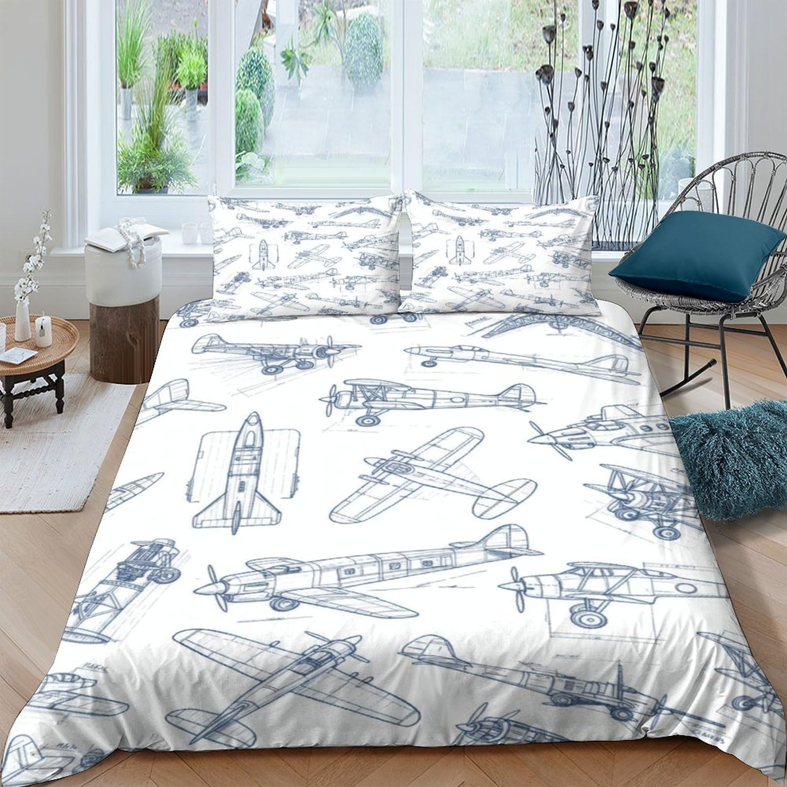 Ctjqhvkz Style-6 3D Printed Vintage Aircraft Fitted Sheet Microfiber Soft Breathable Sketch Plane Bed Cover For Bedroom Dorm Decor Single（135X200cm）