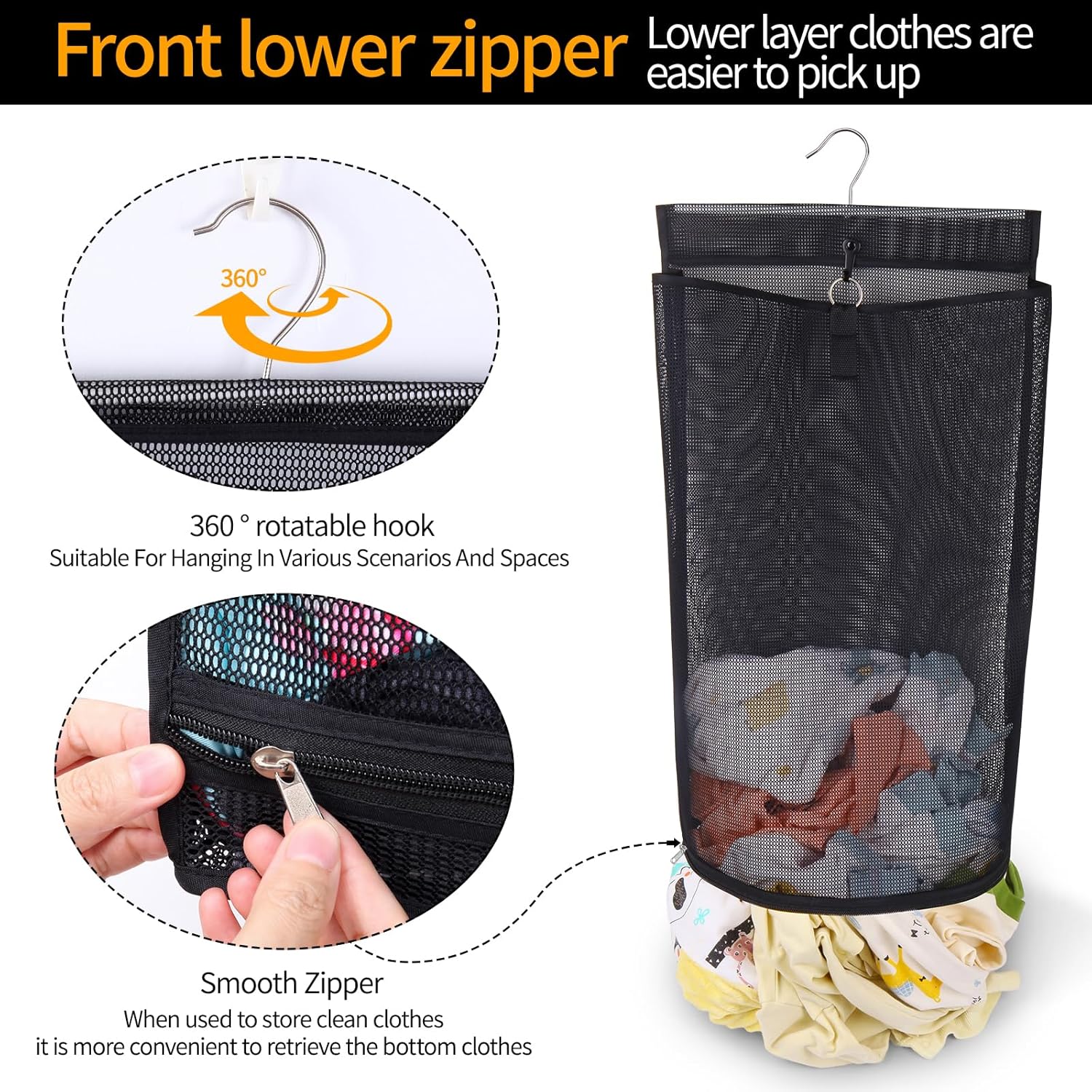 Hanging Collapsible Mesh Laundry Hamper - Breathable Fast Drying Laundry Bag, Space Saving Laundry Basket for Dorm, RV & Bathroom (Black)