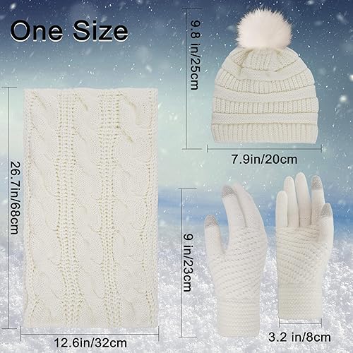 Miniatura 4 de Double Couple - Conjunto de 3 piezas de gorro de invierno, bufanda y guantes con pantalla táctil para mujeres, gorro tejido con bola de pelo