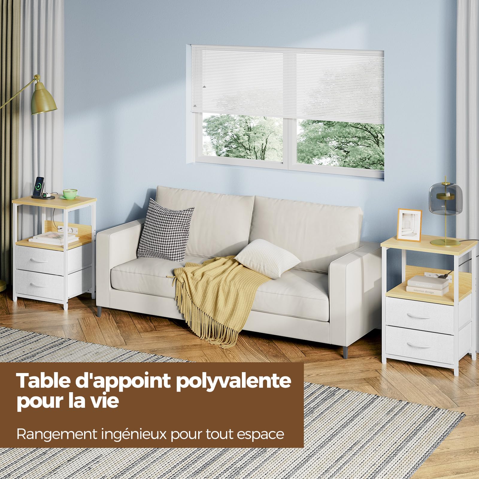 Seventable Table de Chevet avec Prise USB et 2 tiroirs - Table de Nuit connectée avec éclairage LED pour Chambre à Coucher, Salon ou canapé (Chêne Clair, Lot de 2)