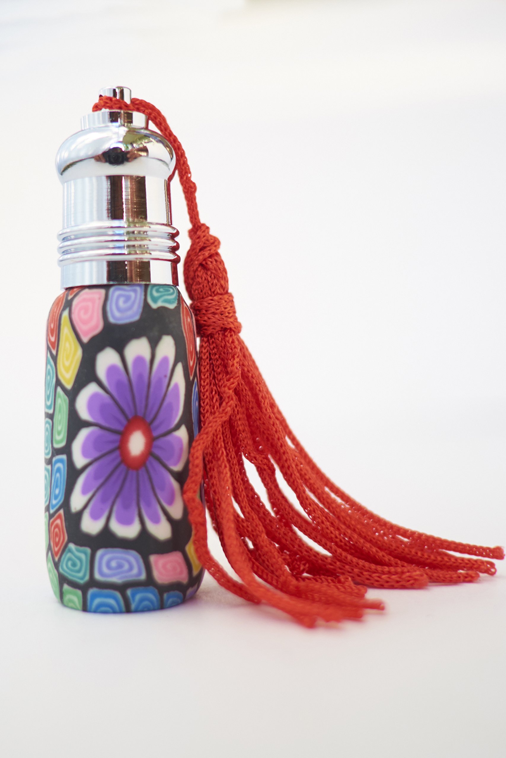 Essential Oil Glass Bottle with Roll On Applicator, Polymer Clay Flower Decoration and Metal Cap with Tassel - 6ml Empty And Ready For Your Creativity