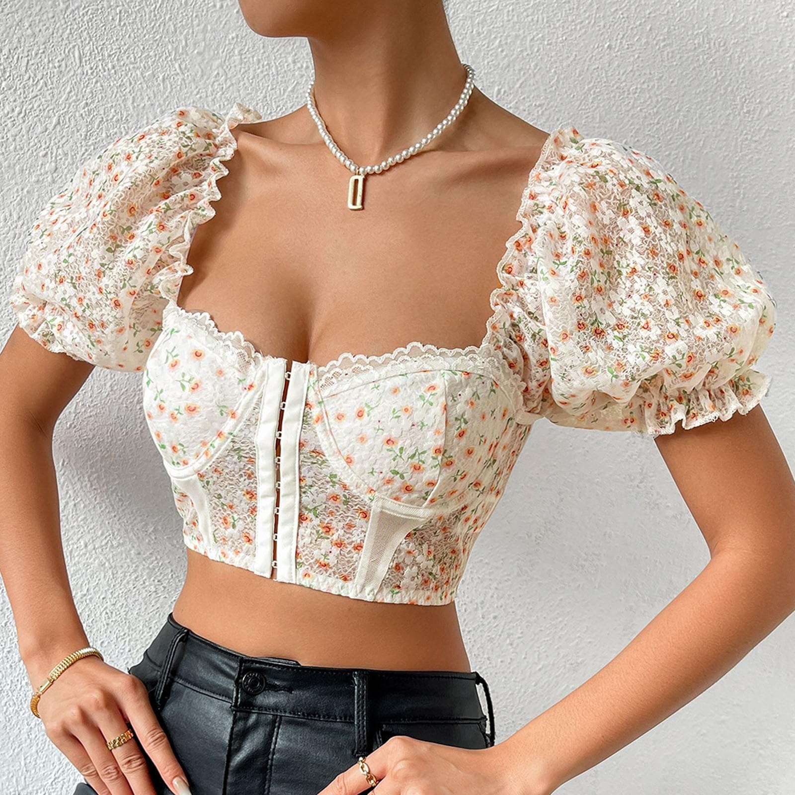 Camicetta Dirndl da donna, trasparente, bianca, elegante, con inserto in pizzo, corsetto elegante, maniche svasate, top corto avvolgente con camicetta in pizzo per lingerie