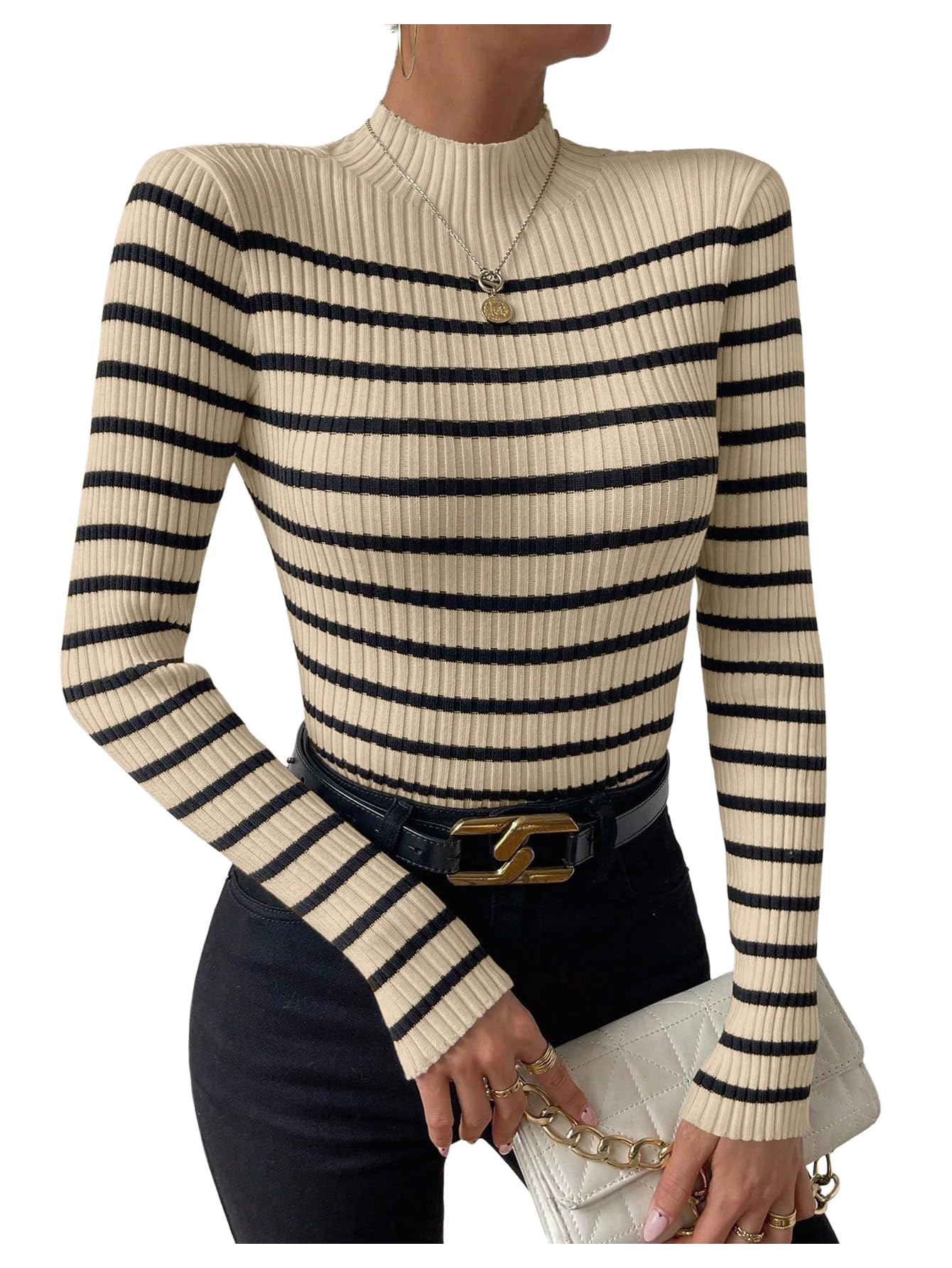 Womens Striped Mock Neck Sweater Long Sleeve Ribbed Knit Dressy Casual Pullover Tops