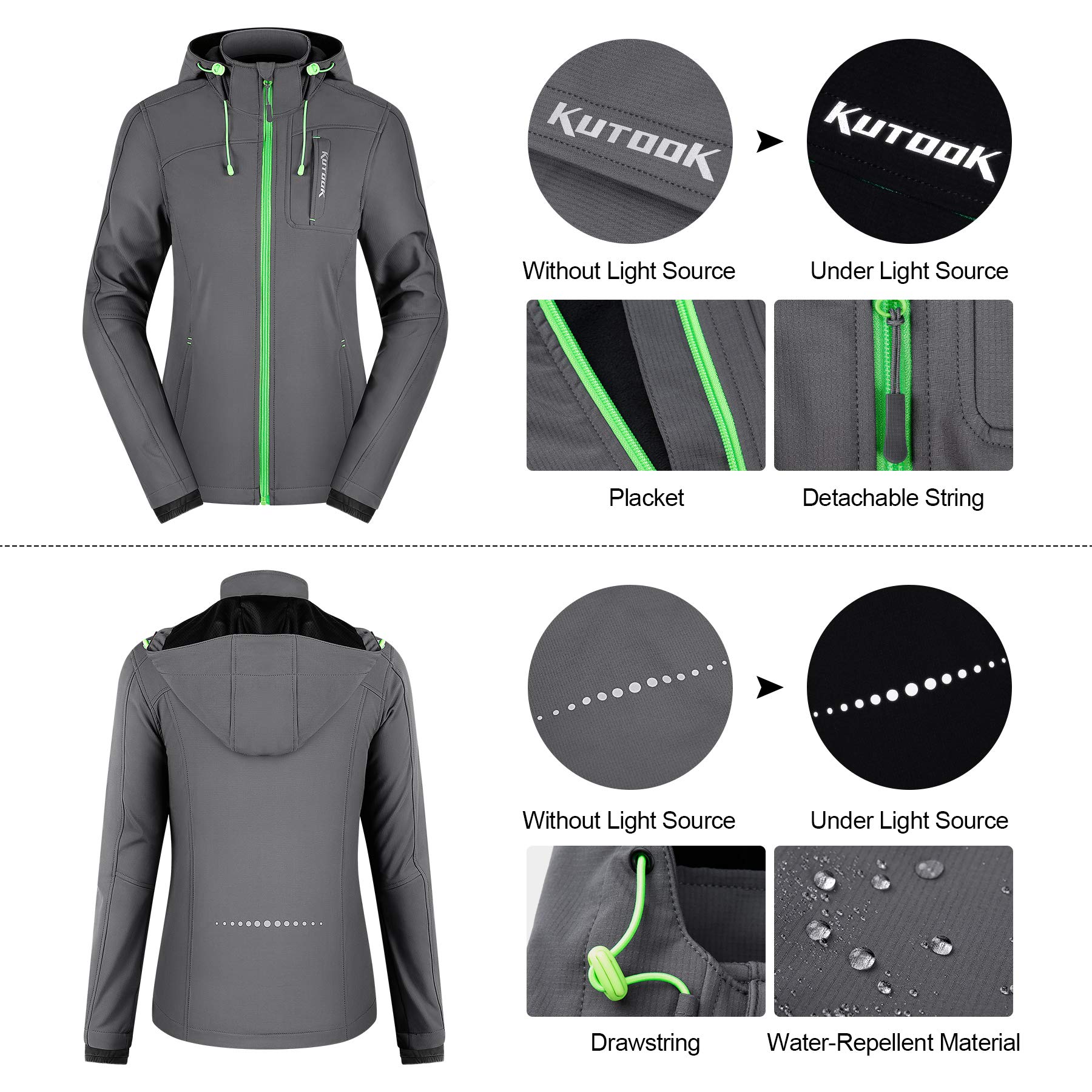 KUTOOK - Chaqueta de forro polar para mujer, resistente al viento, para senderismo, correr, con capucha para deportes al aire libre - Gris - XX-Large