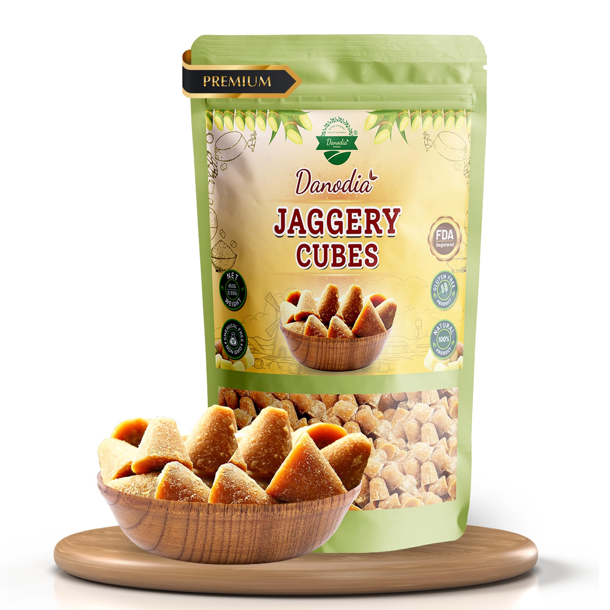Danodia Foods Organic Jaggery Cubes 1 lb (450g), Pure & Natural, No Additives Sweetener, Vegan & Gluten-Free, Nutrient-Rich Alternative to Refined Sugar for Tea & Coffee, Indian Origin | FDA Registered