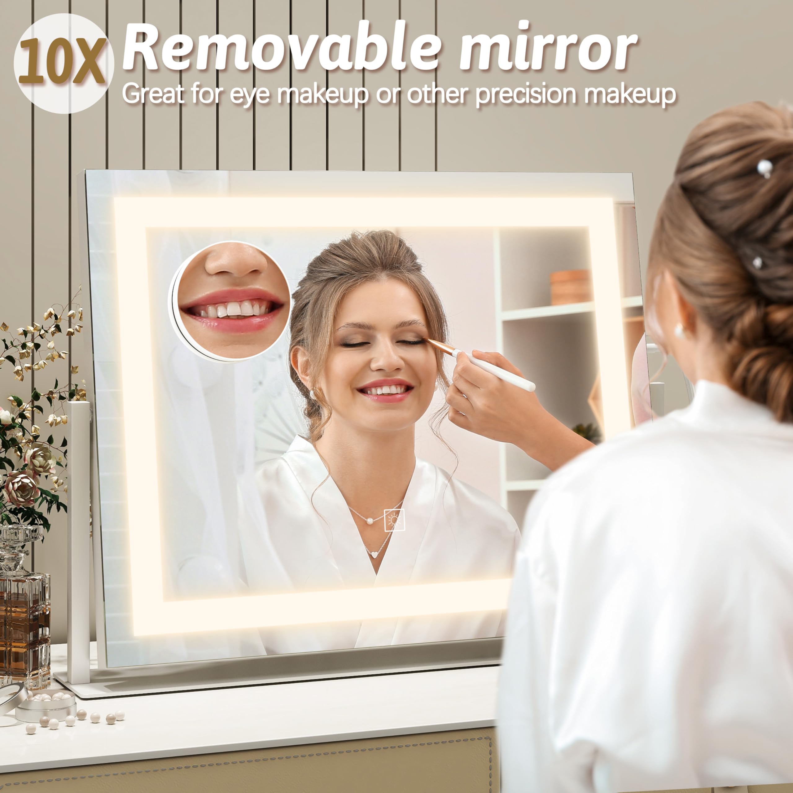 Condition photo showing New/Like New for ROLOVE Vanity Mirror with Lights 22"x18", Lighted Makeup Mirror with 10X Magnification, Smart Touch 3 Colors Dimmable, 360° Rotation, Women Gift, Dresser Mount, Bathroom (White)