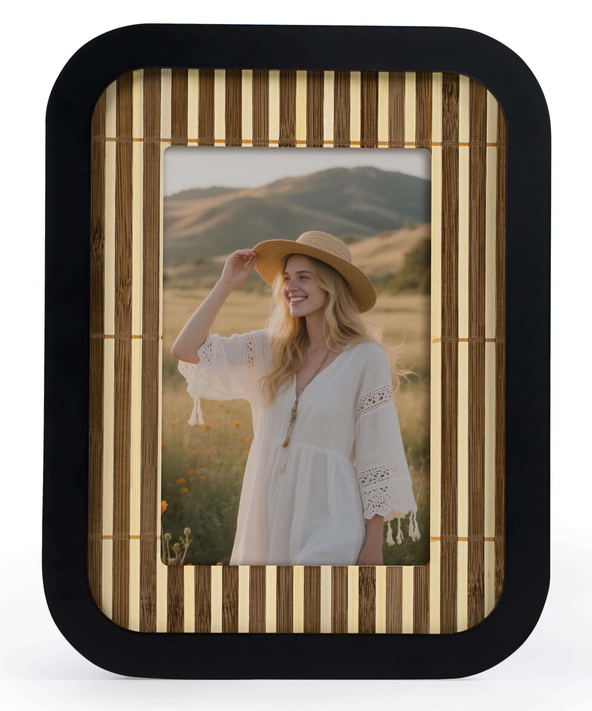 SUMGAR 6x4 Picture Frames Black Photo Frames Boho Picture Frame Wood Photo Frame Bamboo Woven Rustic Wall Frames For Living Room Desk Tabletop Home Decor Gifts For Women New Home Christmas