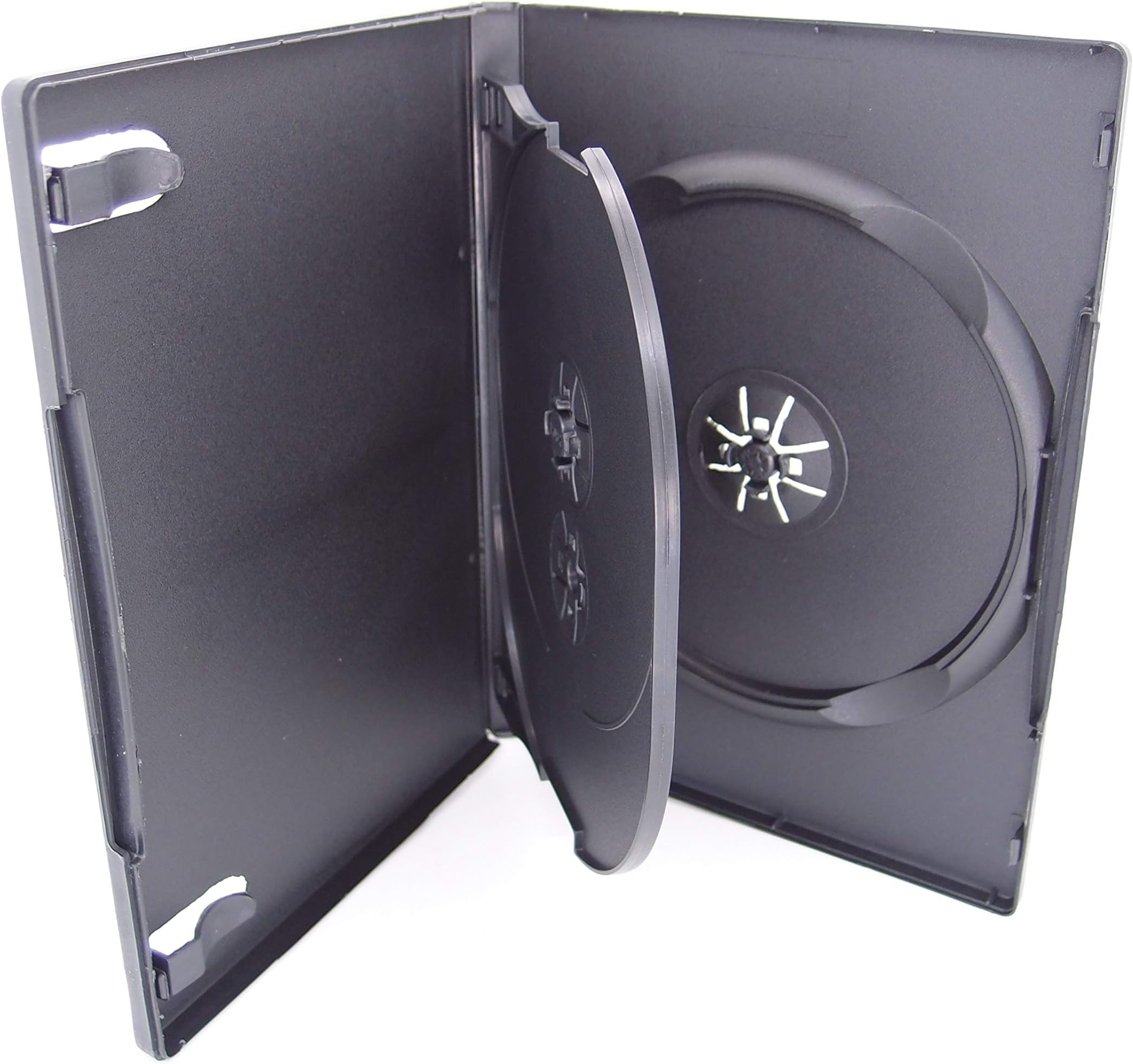 25 Pack Maxtek Standard 14mm Black 3 Disc CD & DVD Cases with Hinged Flip Tray and Outer Clear Sleeve