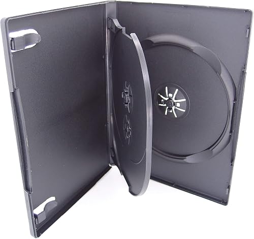 25 Pack Maxtek Standard 14mm Black 3 Disc CD & DVD Cases with Hinged Flip Tray and Outer Clear Sleeve