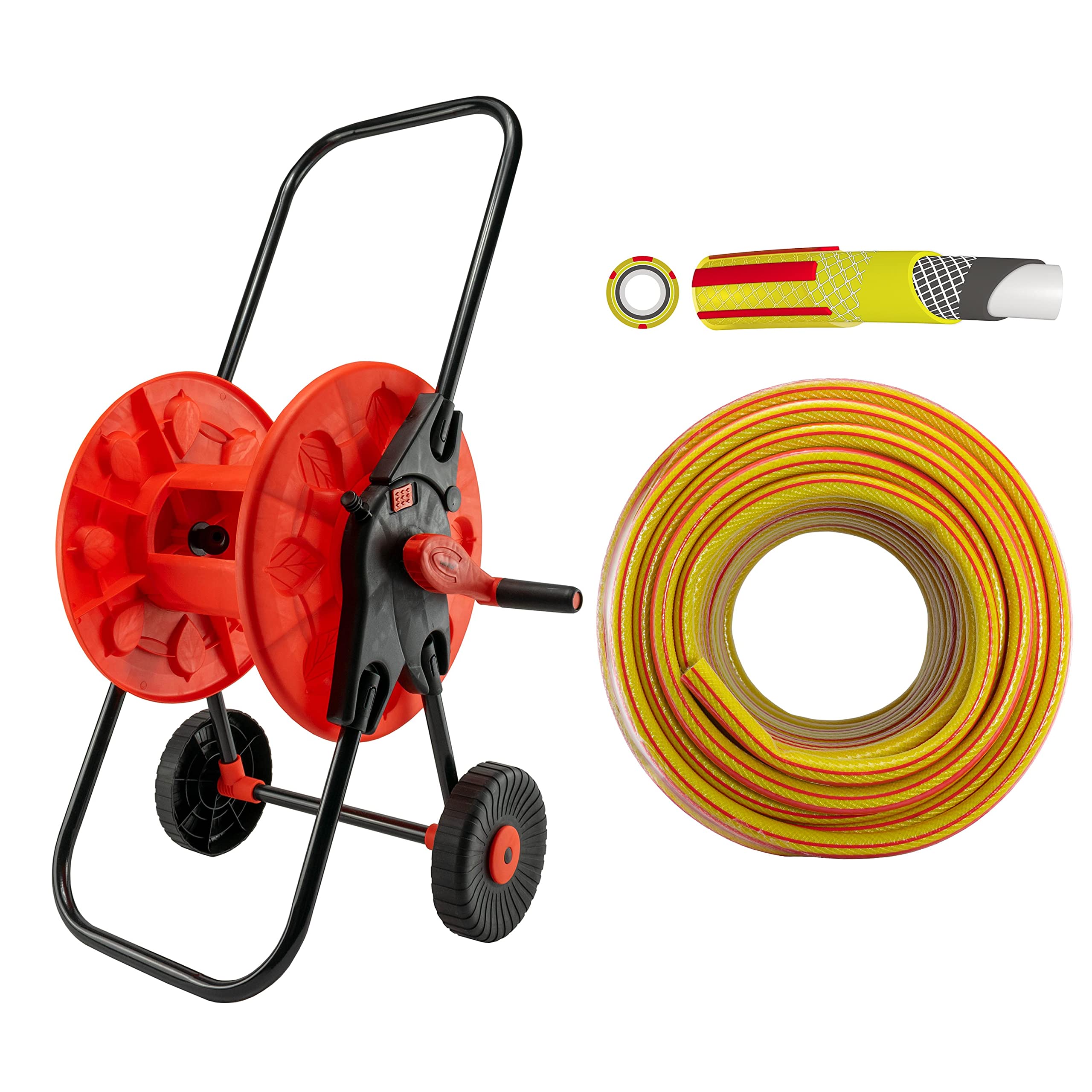 Garden Watering Floor Standing 60m Capacity Hose Reel/cart +48ft Premium 6 Layer Hose,with Easy Glide Wheels and fold Down Handle for Easy Storage/Transportation