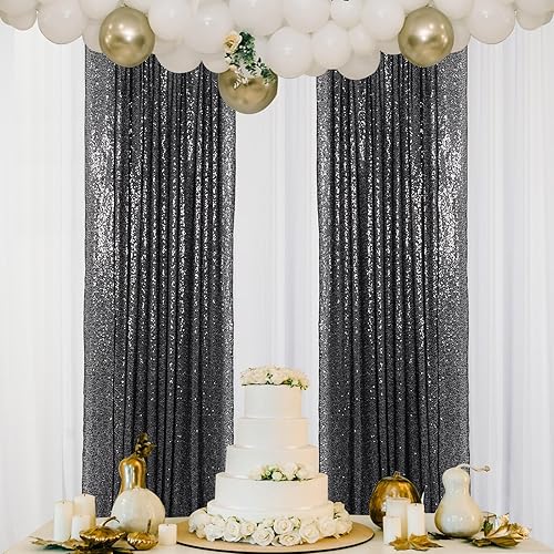 Miniatura 5 de ShinyBeauty Telón de fondo de lentejuelas negras  2 paneles de cortina con purpurina de 2 x 8 pies  Elegante decoración de fiesta y boda  Fondo de