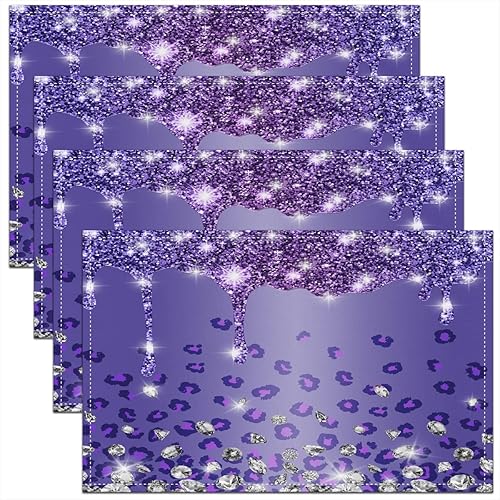Juego de 4 manteles individuales de 18 x 12 pulgadas con diseño de leopardo y diamantes con purpurina, color morado y plateado brillante para