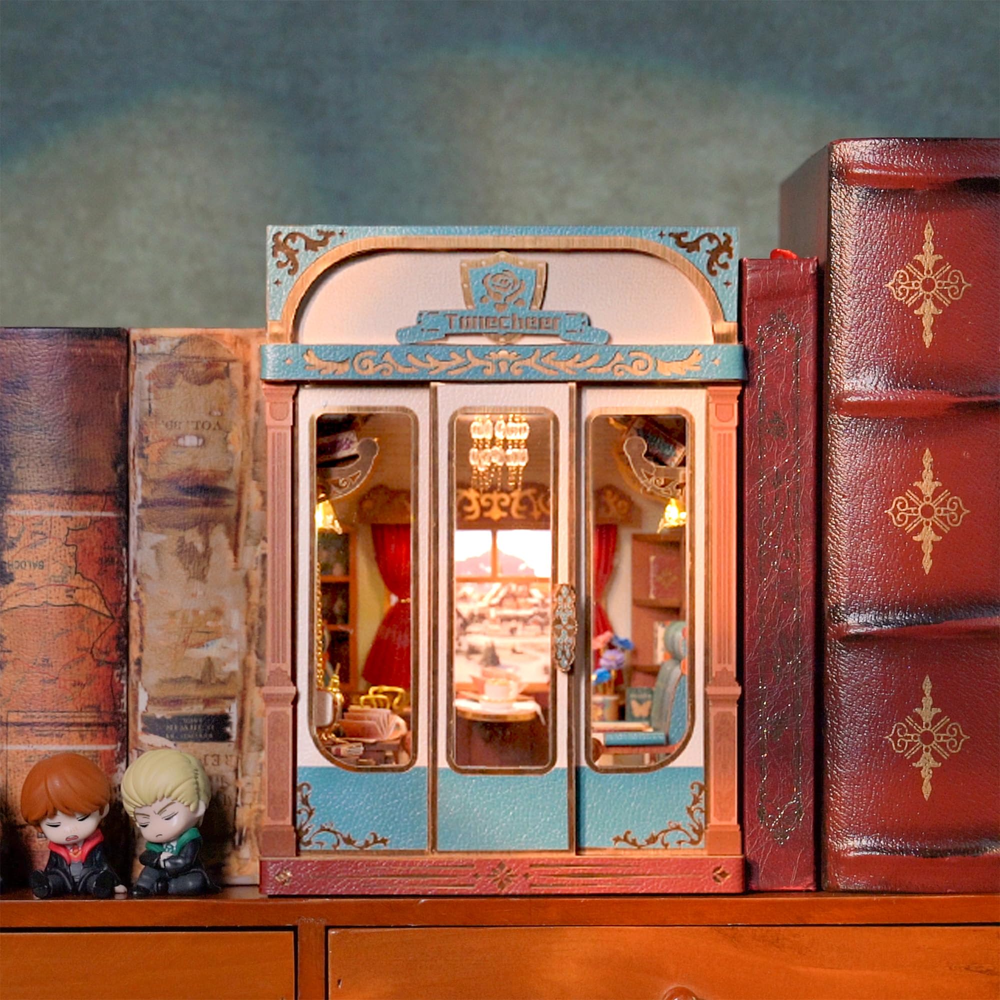Tonecheer Zestawy do Kącika Książkowego, Nieskończony Przegródka 3D Puzzle, Drewniane Podpórki do Książek dla Dorosłych, DIY Miniaturowy Domek do Dekoracji Bibliotek i Księgozbiorów (Europejski