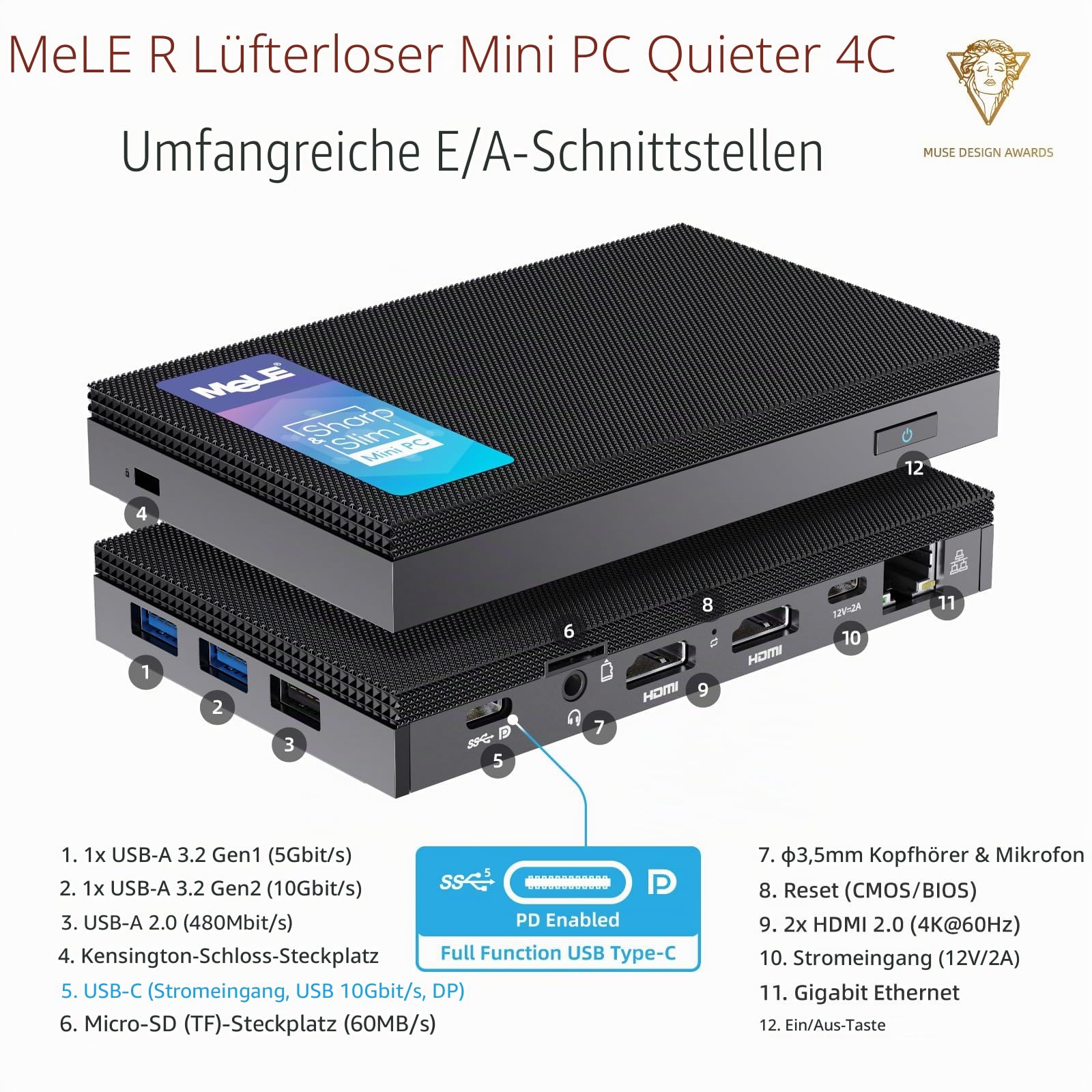 MeLE Quieter 4C Mini-PC, N150 16GB 512GB, with Windows 11 Pro 4K HDMI USBC | N150 bis zu 3.6GHz, 16GB Arbeitsspeicher, 512GB Speicher with Windows 11 Pro, Wi-Fi 5, USB-C multi-function, triple 4K dis...