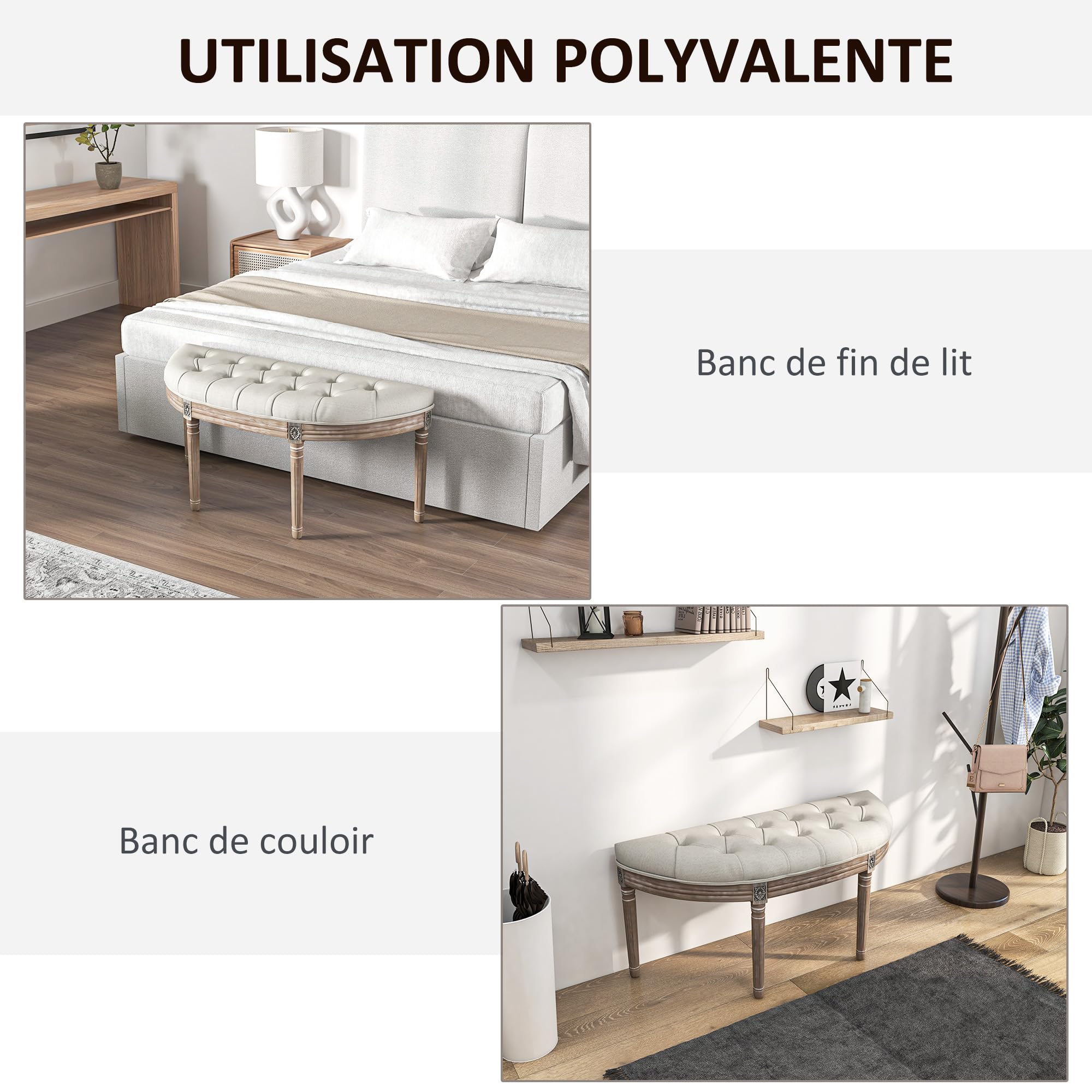 HOMCOM Banc Bout de lit Banc d'entrée en Forme Demi-Lune Capitonnée Crème | Banquette, Style Louis XVI, Structure en Bois Massif Sculpté Patiné, Siège en Tissu Aspect Lin