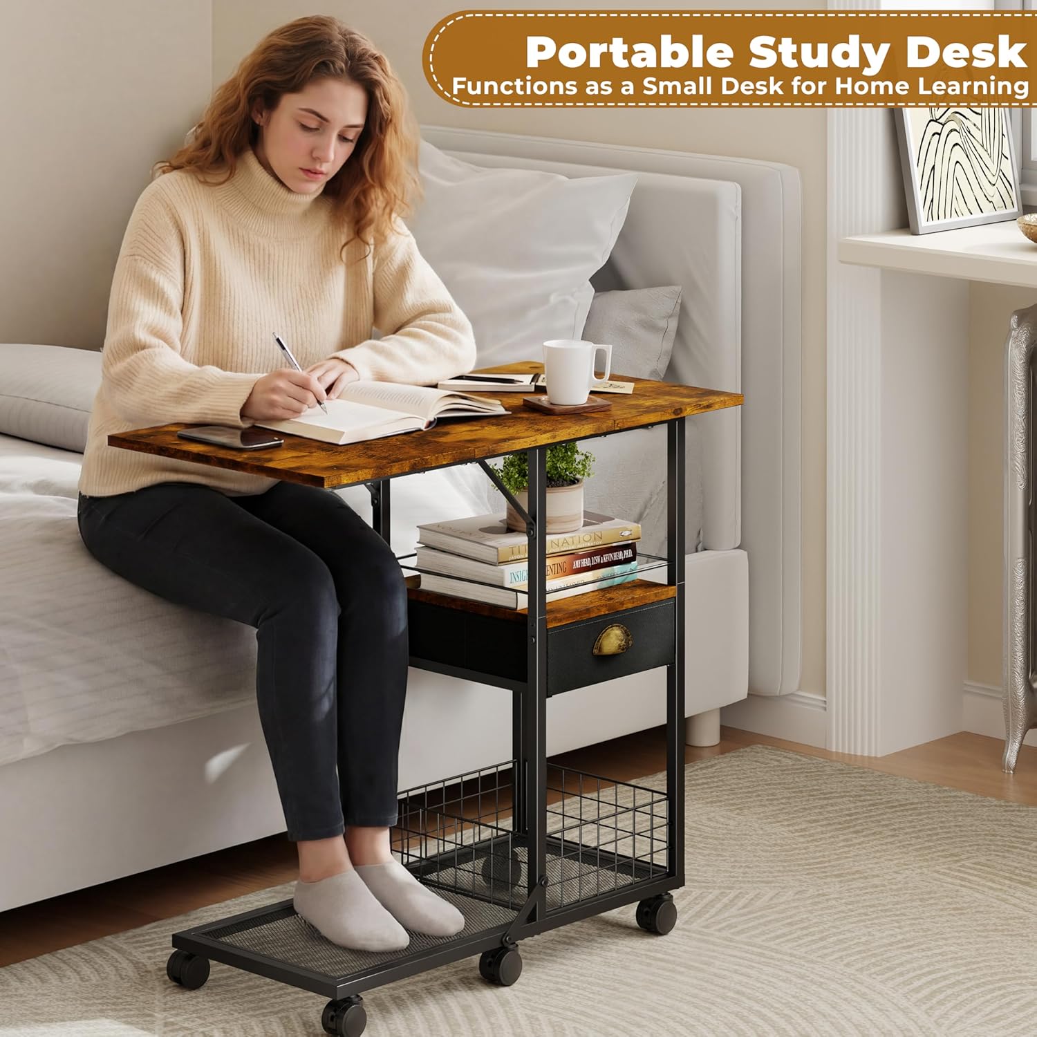 Rolling Coffee Table with Oversized Double-Wide Wood Top, Mobile Tv Tray with Storage Drawer and Wheels for Sofa, Portable Side Table for Living Room, Home Office, Spacious Desk for Working Studying