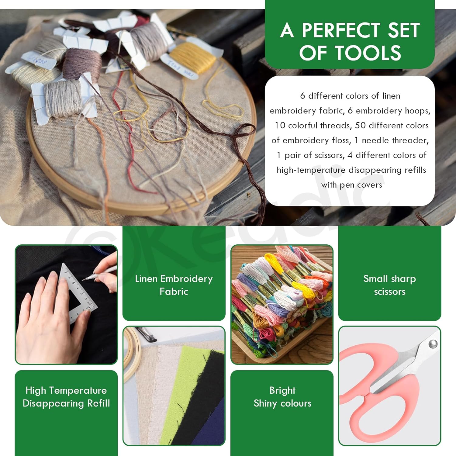 Keadic 78Pcs Embroidery Beginner Kit Contains 6 Colors Embroidery Fabric, Sewing Maker Pens, 50 Rainbow Colors Embroidery Thread, Circle Cross Stitch Hoop Rings, Cutter and Needles for Crafting