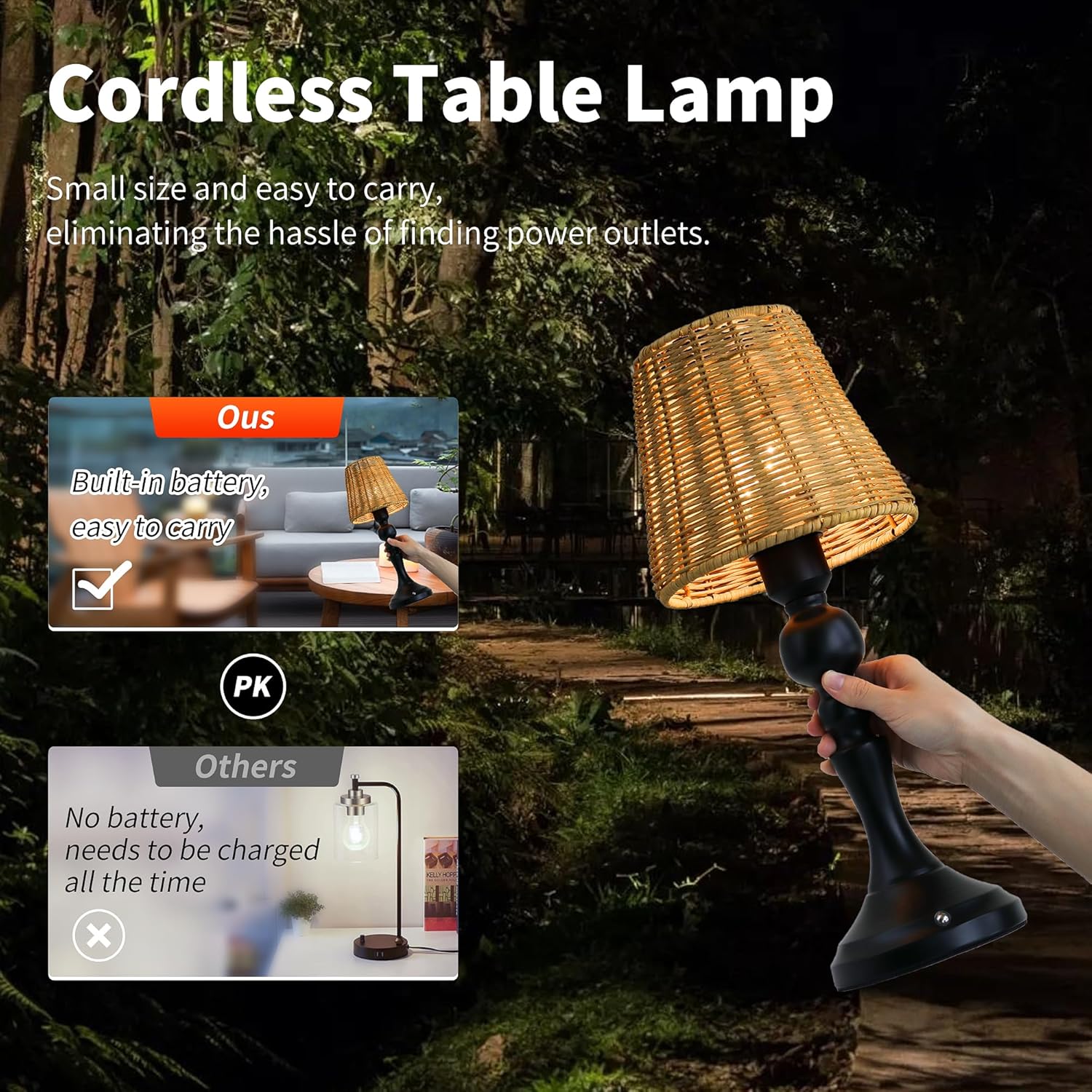 Rechargeable Cordless Table Lamp with Rattan Shade, 5200mAh Touch Dimmable Battery Operated Table Light, for Patio Kitchen Dining Room Living Room (Black)