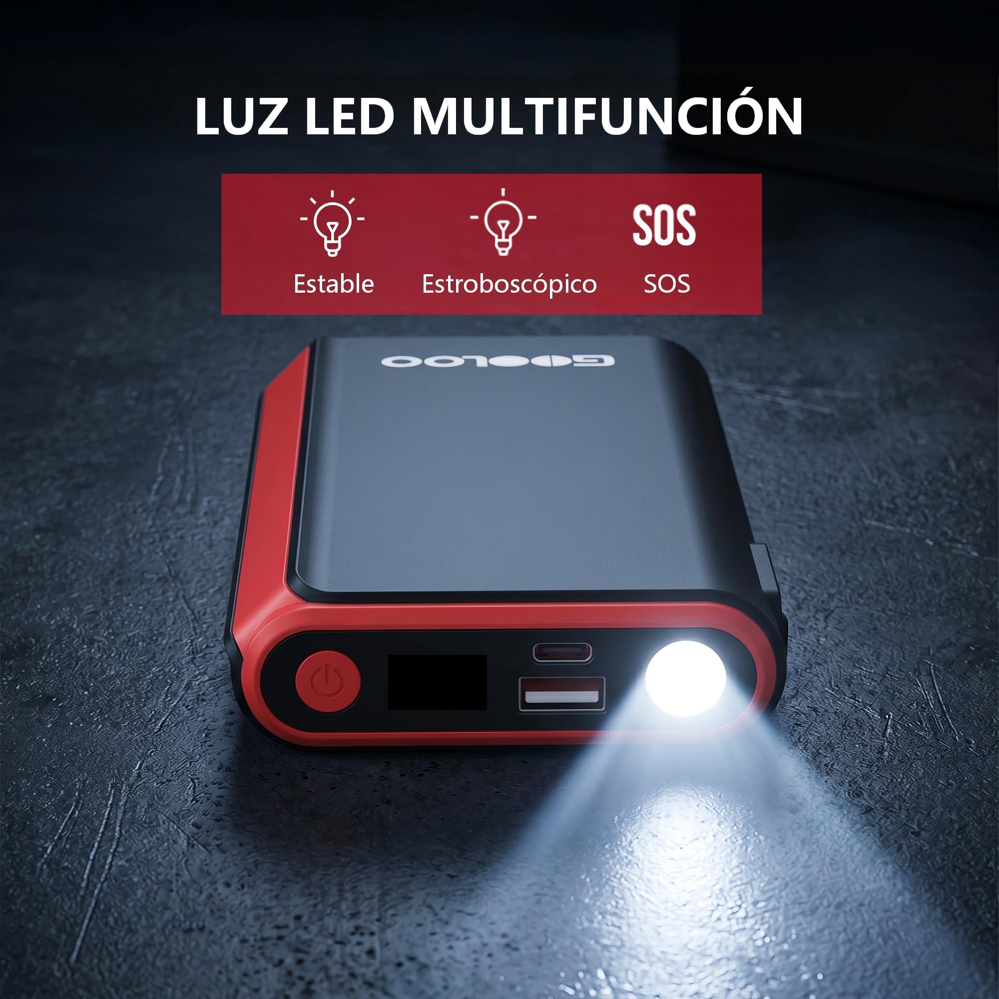 GOOLOO GE2000 - Arrancador de salto de 2000 A (hasta 8 L de gas/6 L diésel) con carga rápida USB-A, luz de emergencia LED y abrazaderas de metal inteligentes, paquete de refuerzo de batería portátil