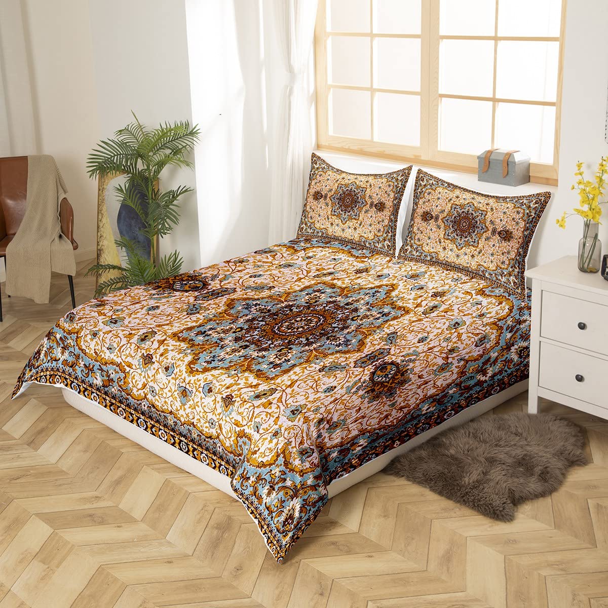 Juego de funda de edredón oriental para niñas y mujeres, funda de edredón vintage de medallón, tamaño Super King, juego de ropa de cama ultrasuave y ligera con cierre de cremallera