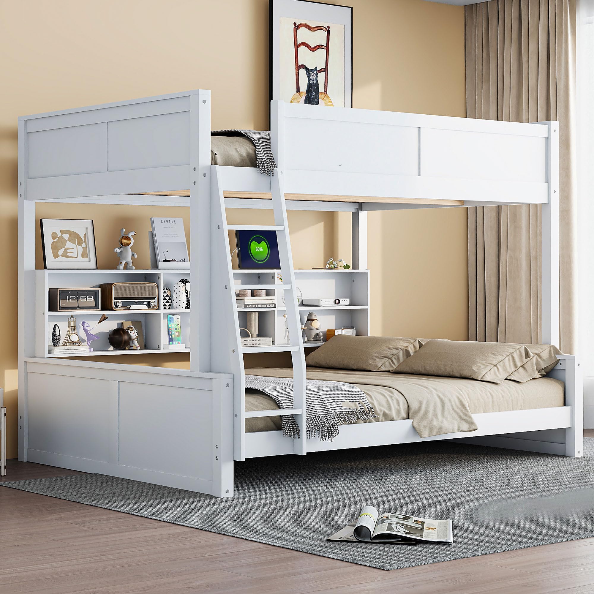 Bellemave Full XL Over Queen Bunk Bed for Kids/Adults,Bunk Beds with Charging Station and Bookcase,Solid Wood Bunk Beds Full XL Over Queen for Girls,Boys,Antique White