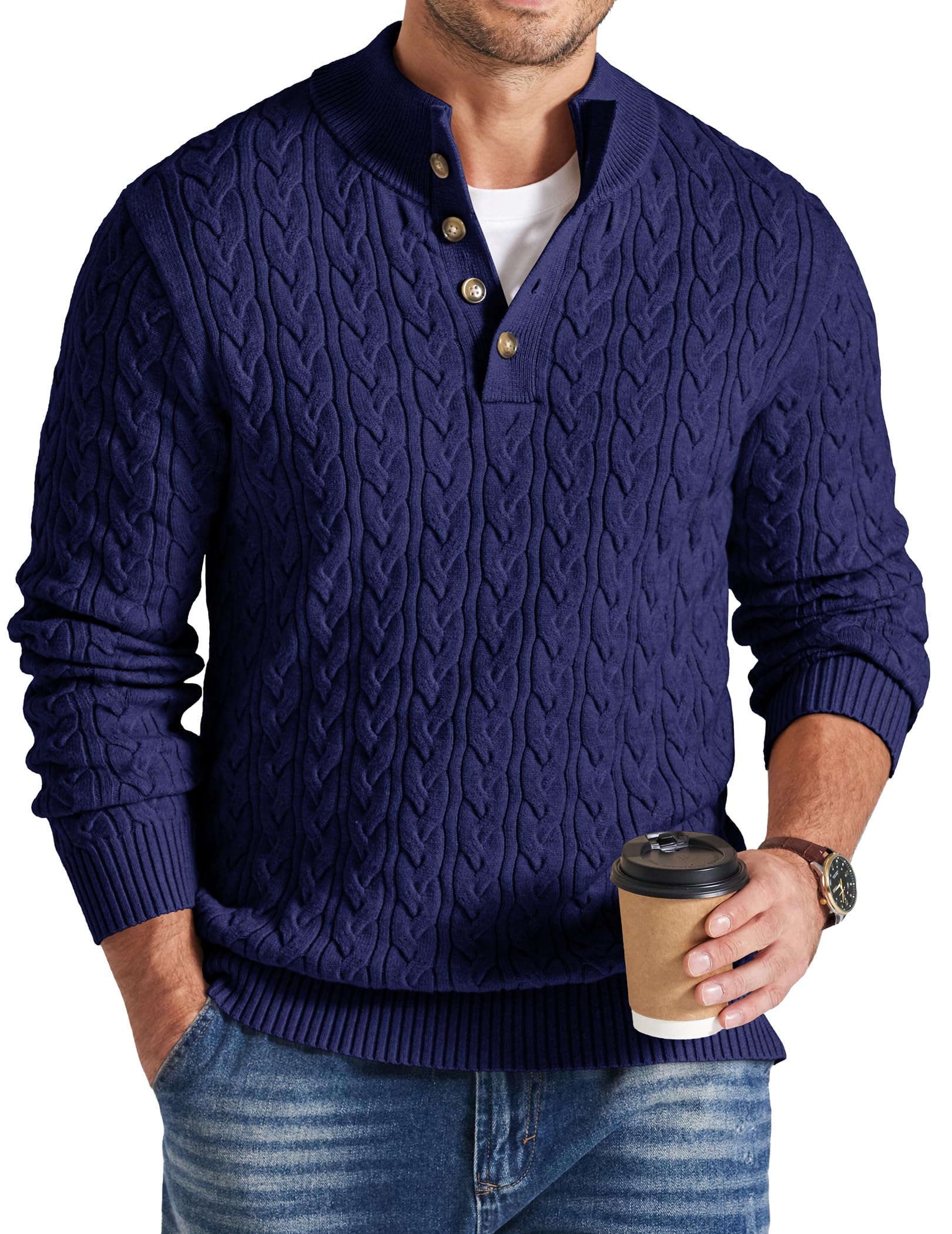 COOFANDY Mens Sweater Cable Knit V Neck Quarter Button Henley Long Sleeve