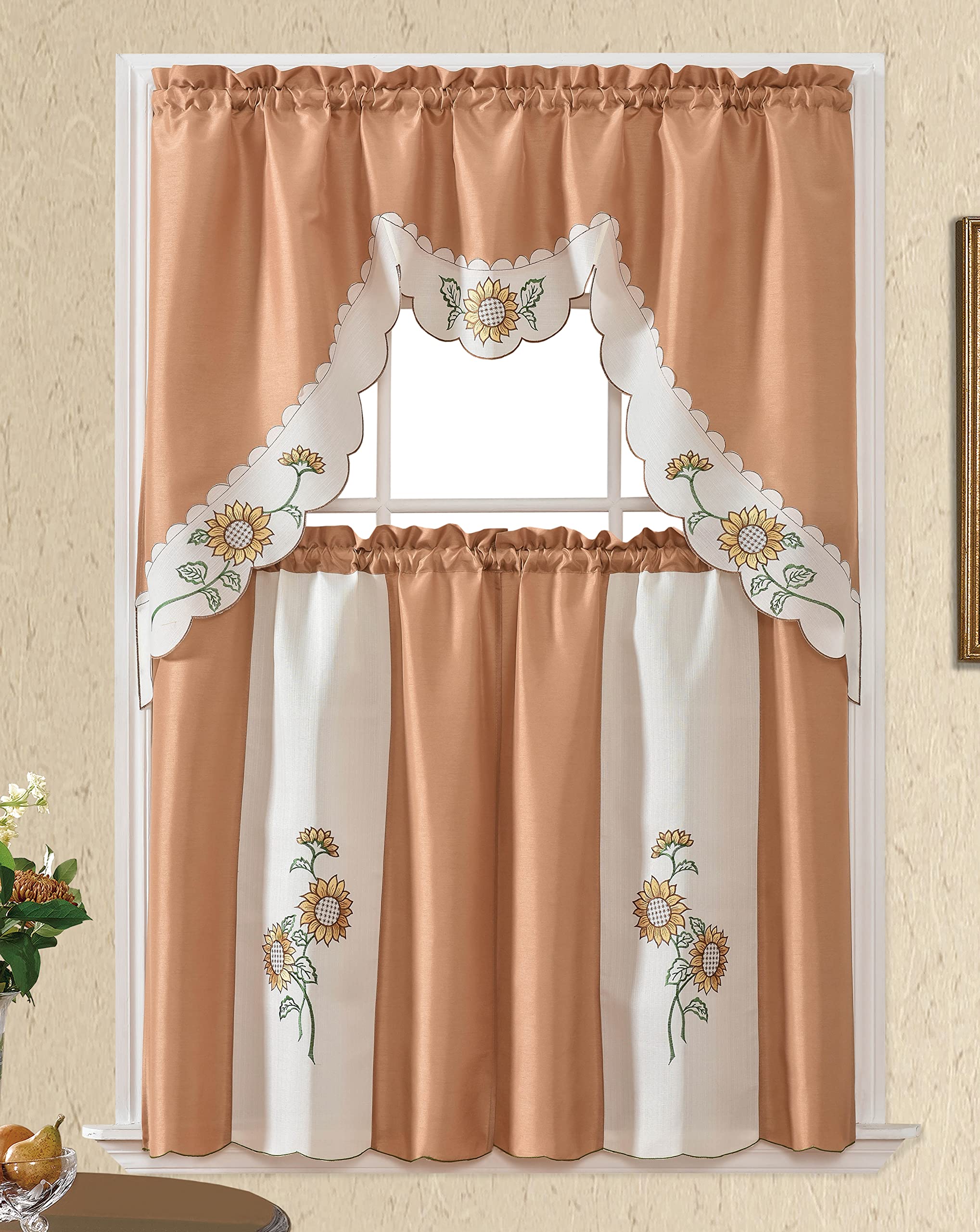 GOHD Very Sunflower. 3PCS Kitchen Cafe Curtain Set Swag Valance and Tier Set. Nice Matching Color Sunflower Embroidery. (Bronze)