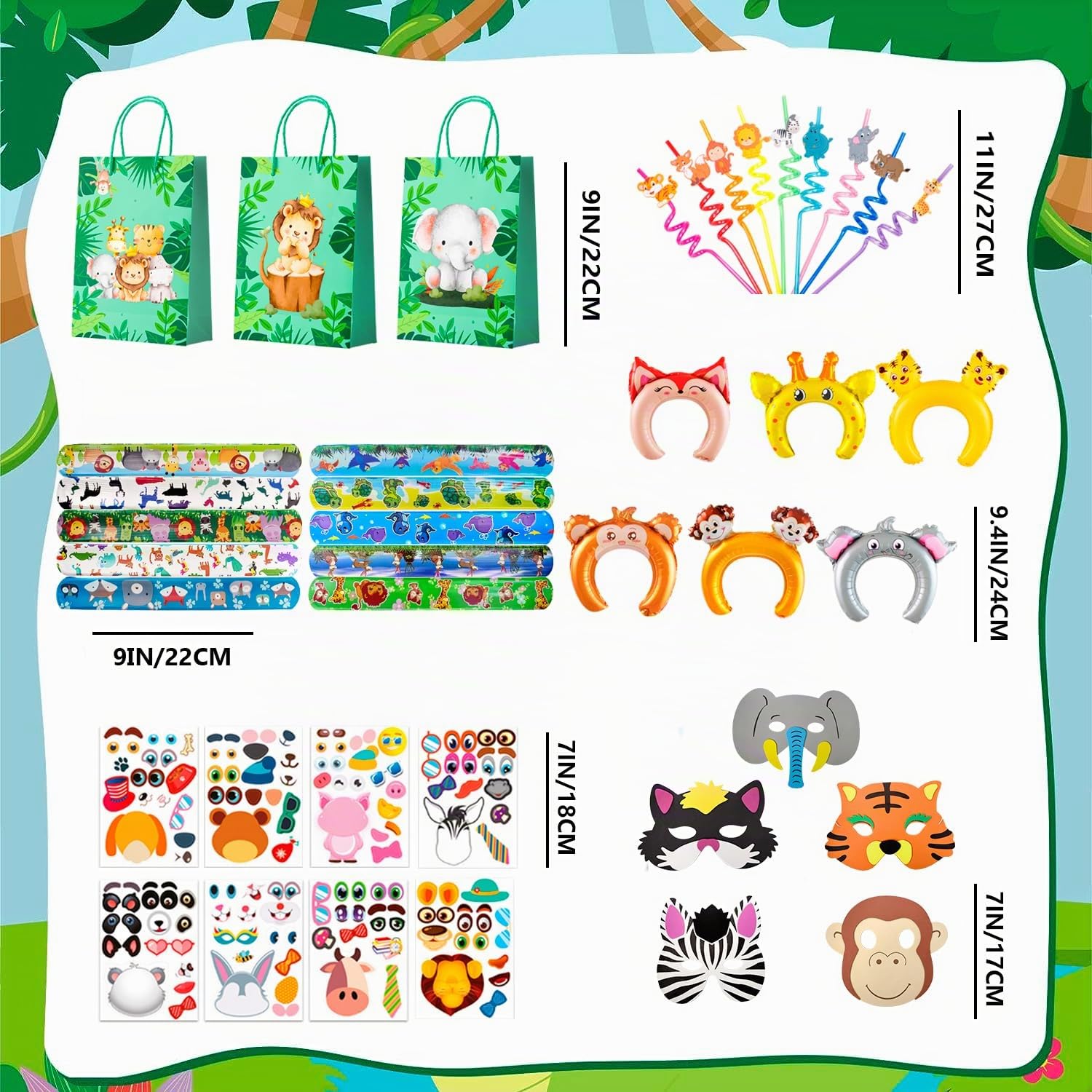 Regali di Animali della Giungla, 60 Pcs Set Bomboniere Safari - Sacchetti Animali Slap Bracelets Maschere Fasce per Capelli Gonfiabili Cannucce a Spirale Giungla Party Regalo per Bambino