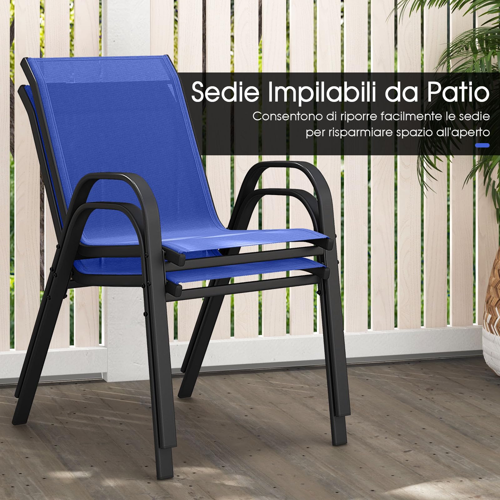 GYMAX Set di 2/4 Sedie da Giardino Impilabili con Tessuto Resistente alle Intemperie, Poltroncine da Esterno in Metallo per Giardino, Cortile, Portata 150 kg, 56 x 70 x 84 cm (Blu, 4 Pezzi)