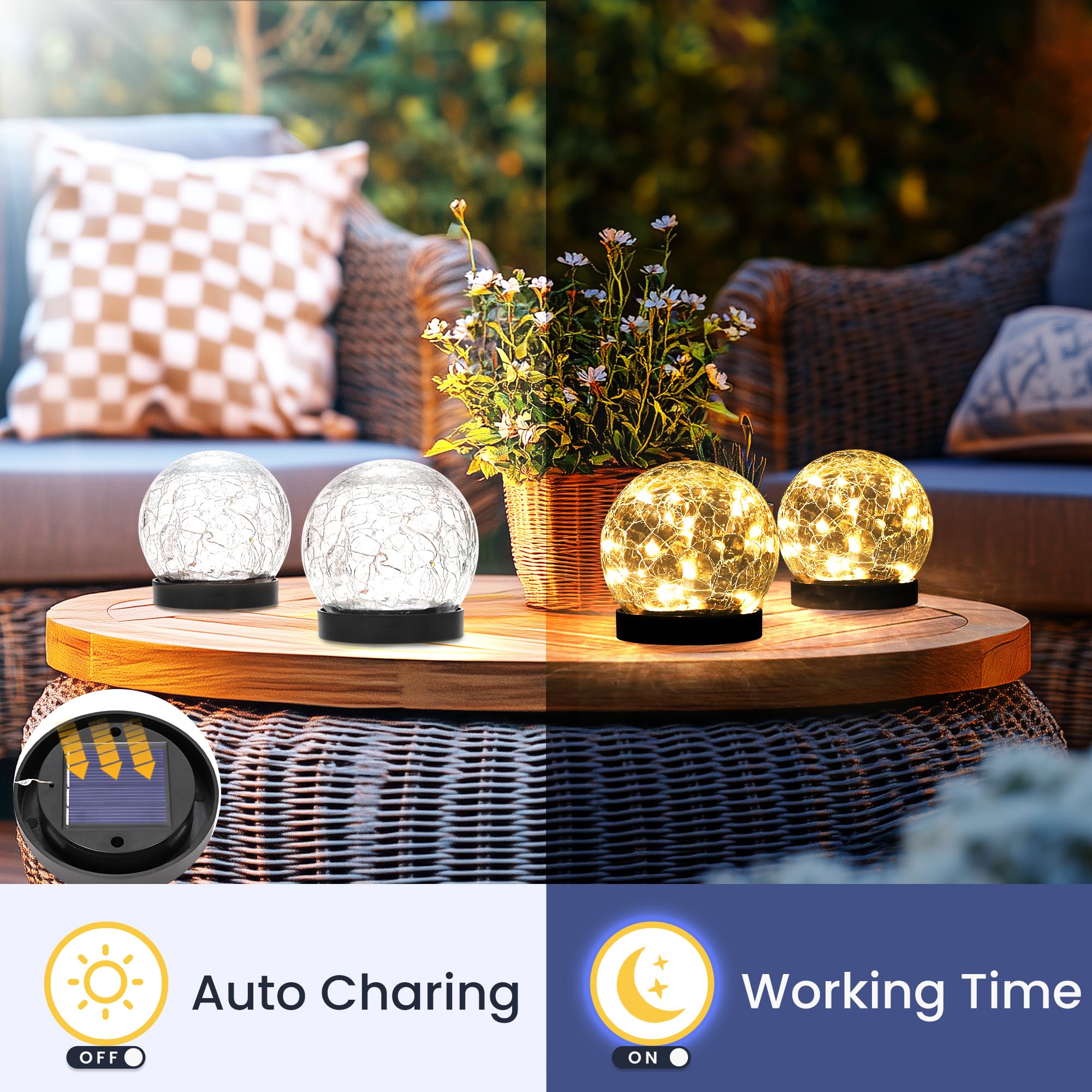 Luci solari per esterni, impermeabili, decorazione da giardino, vetro incrinato, luci solari per esterni, decorazioni per patio, cortile, terrazza e portico, balcone (confezione da 4 pezzi