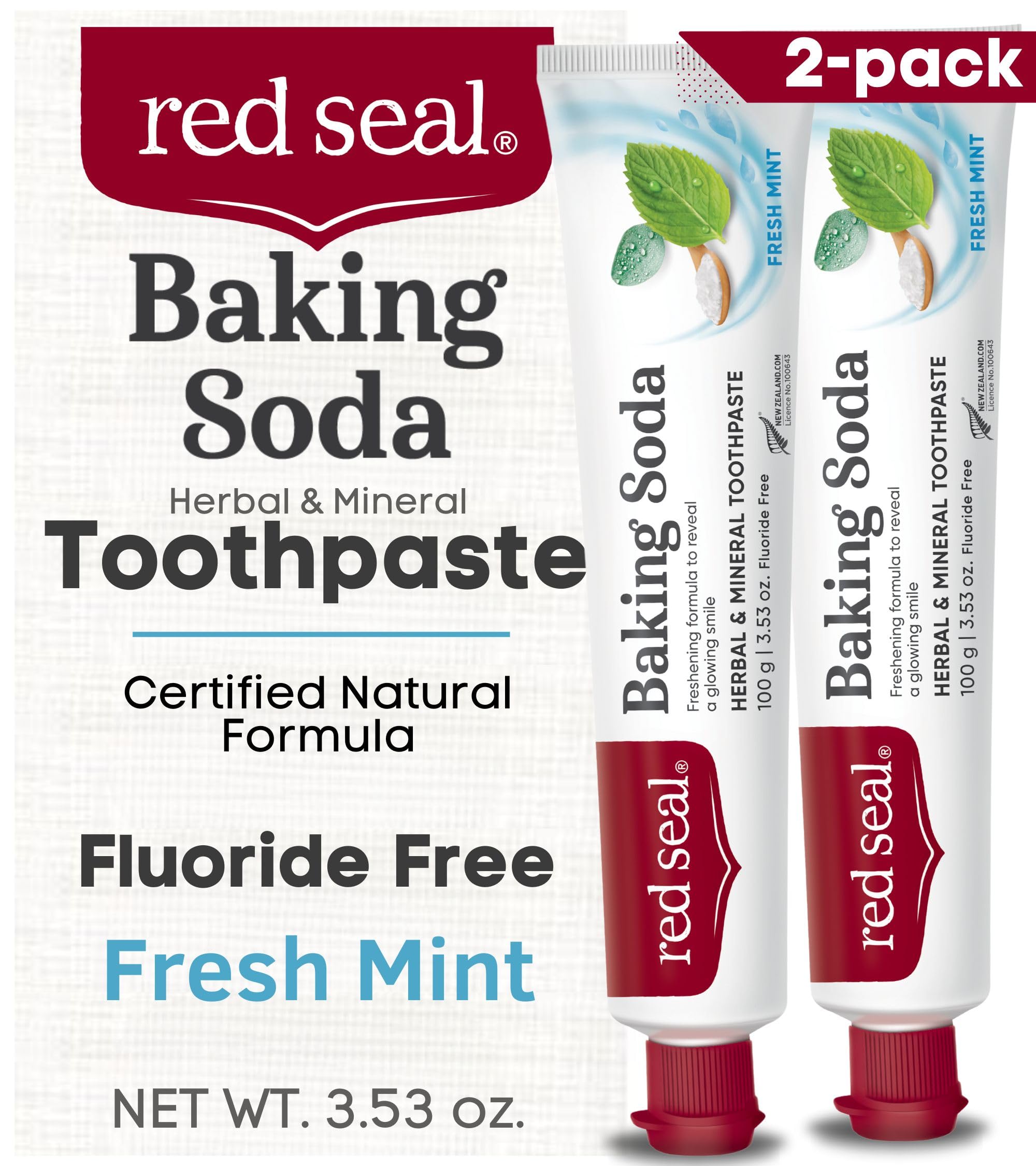 Red Seal Baking Soda Toothpaste - Fluoride-Free Herbal & Mineral Formula, Vegan-Friendly, Cruelty-Free, SLS and Paraben-Free, No Artificial Flavors, NATRUE Certified Natural, Dry Mouth Relief (2 Pack)Natrue