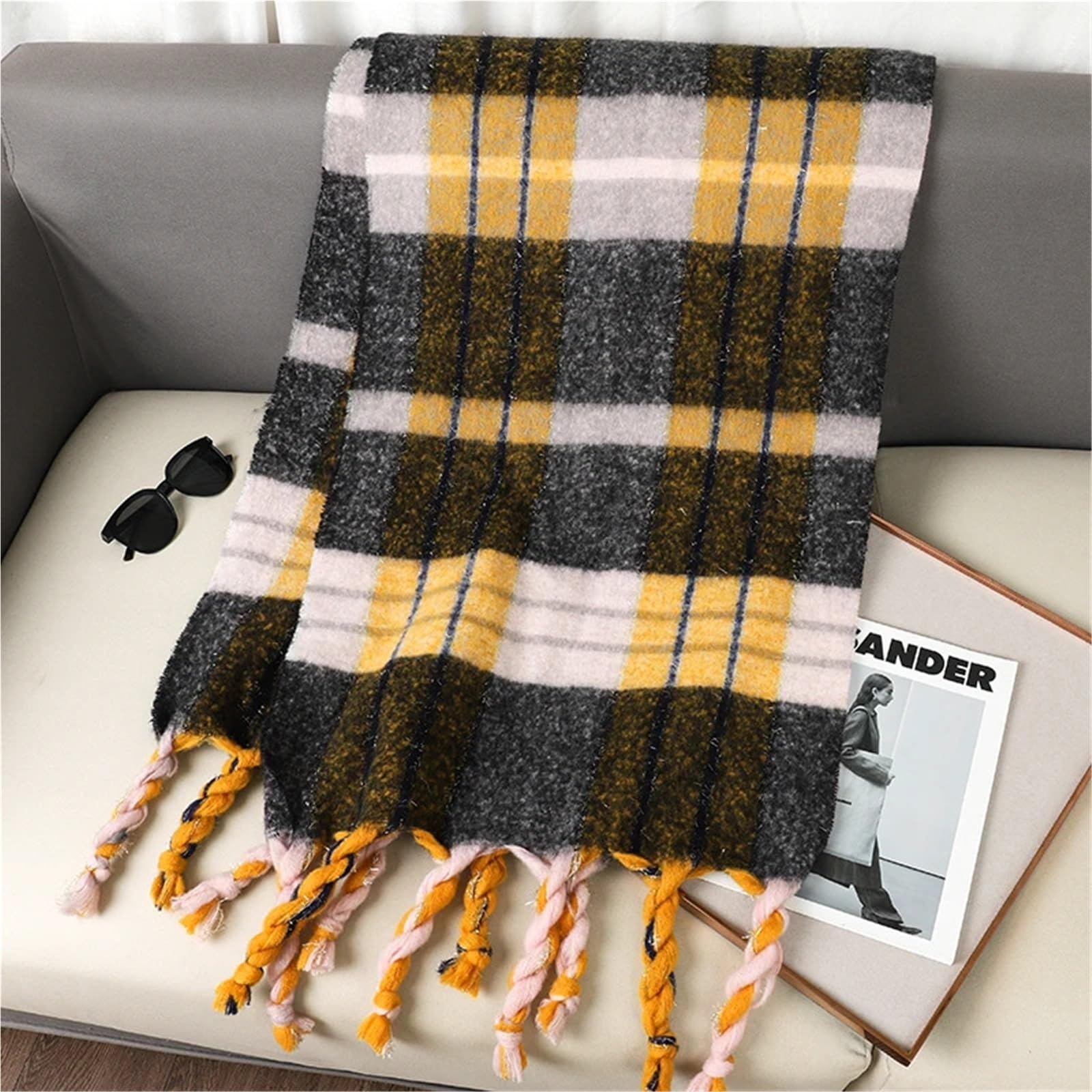 Sciarpa di Lusso in Cashmere Scozzese da Donna, Calda Pashmina Invernale con Nappe e boli di Pelo, Elegante Scialle(DS038-01)