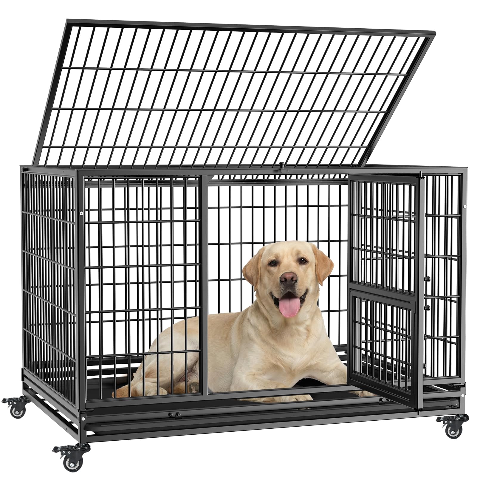 Gardner Pet Jaula para Perro Talla XL-111x75.5x75cm para Perros Grandes, Diseño a Prueba de Escape con Bandeja, 3 Puertas Desmontables y Ruedas Bloqueables, Jaula Plegable de Metal para Perros-Negro
