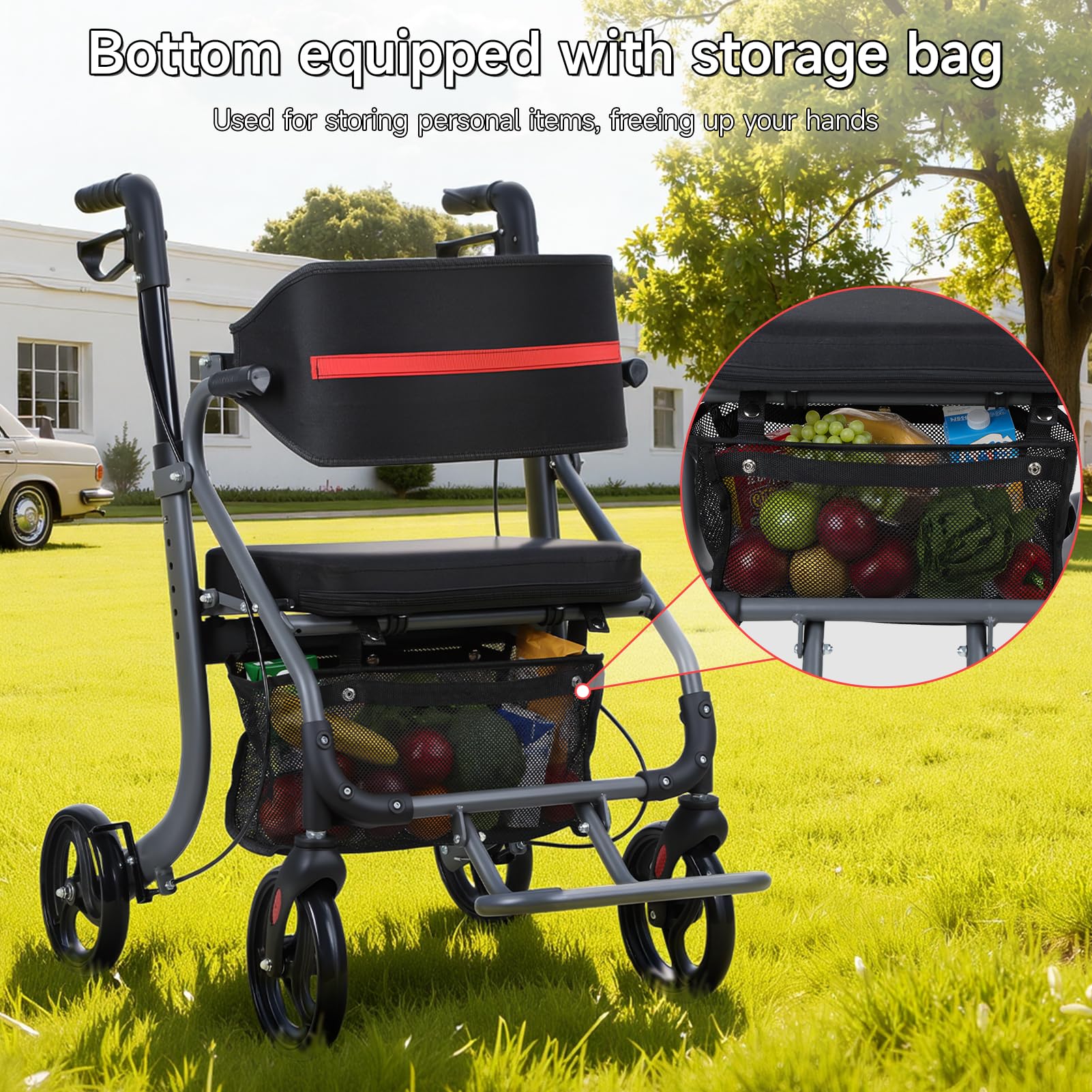 Deambulador rollator senior, andador de 4 ruedas plegable con asiento, ayuda a caminar adulto de aluminio ligero, rollator todo terreno ruedas 20 cm, altura ajustable, frenos, bolsa de almacenamiento