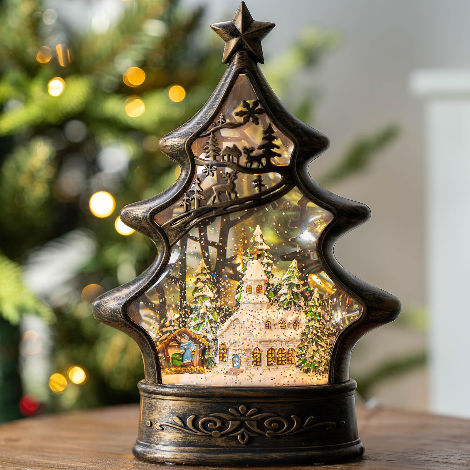 Christmas Snow Globe Lantern Water Glittering Church &amp; Manger Scene with Music &amp; Timer, USB Lined/Battery Operated Lighted Lantern for Christmas Festival Decoration Gifts