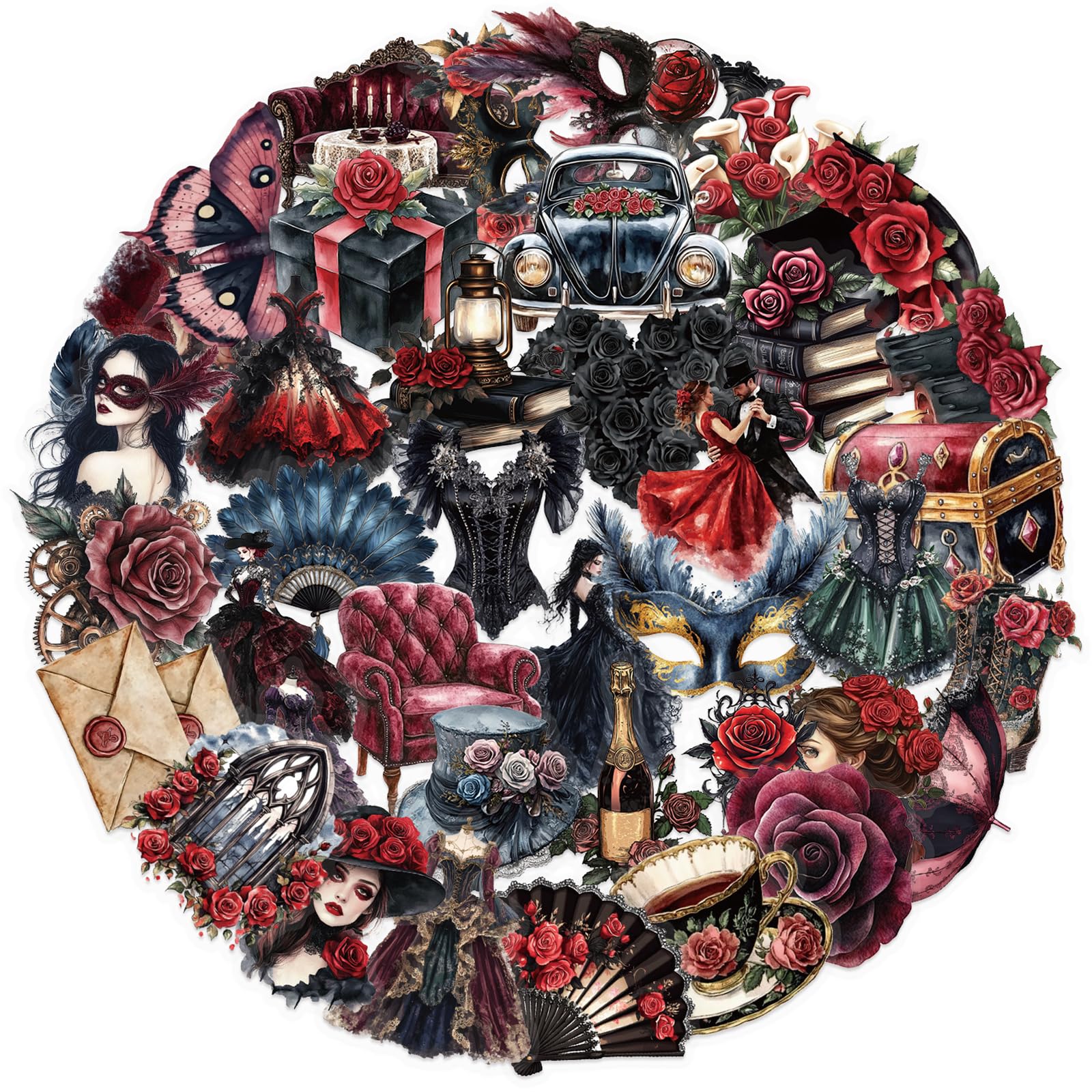 50pcs Transparent Vintage Stickers for Kids,Vintage Masquerade Sticker Halloween Waterproof PET Stickers for Scrapbook Journaling Photo Album Collage